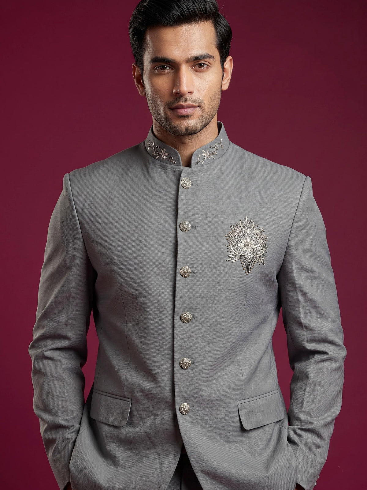 Grey mens tonal zardosi medallion bandhgala jodhpuri suit for weddings