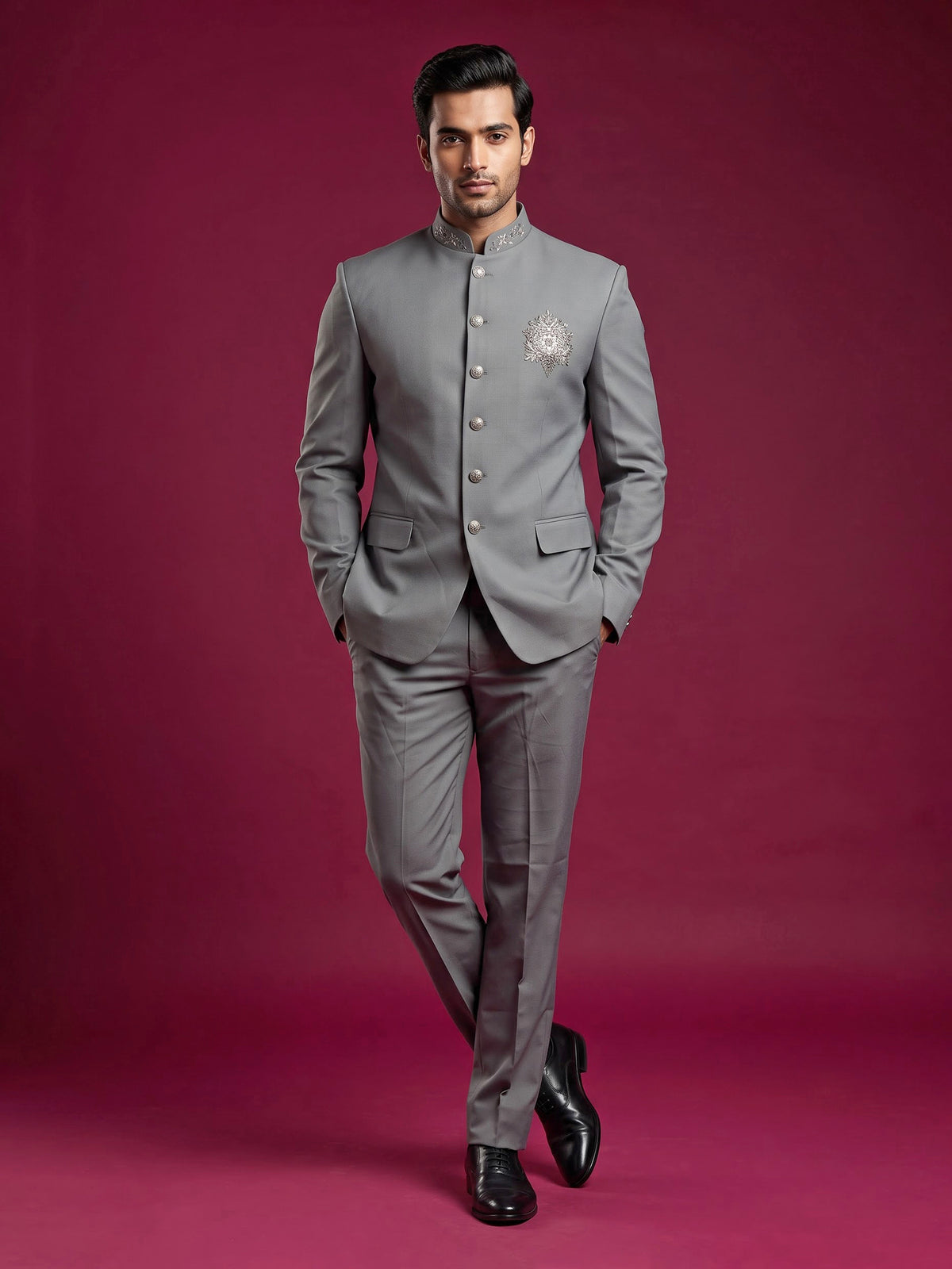 Grey mens tonal zardosi medallion bandhgala jodhpuri suit for weddings