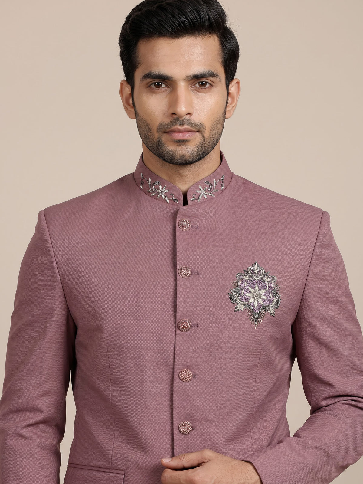 Onion mens pink embellished textured jacquard jodhpuri suit for weddings