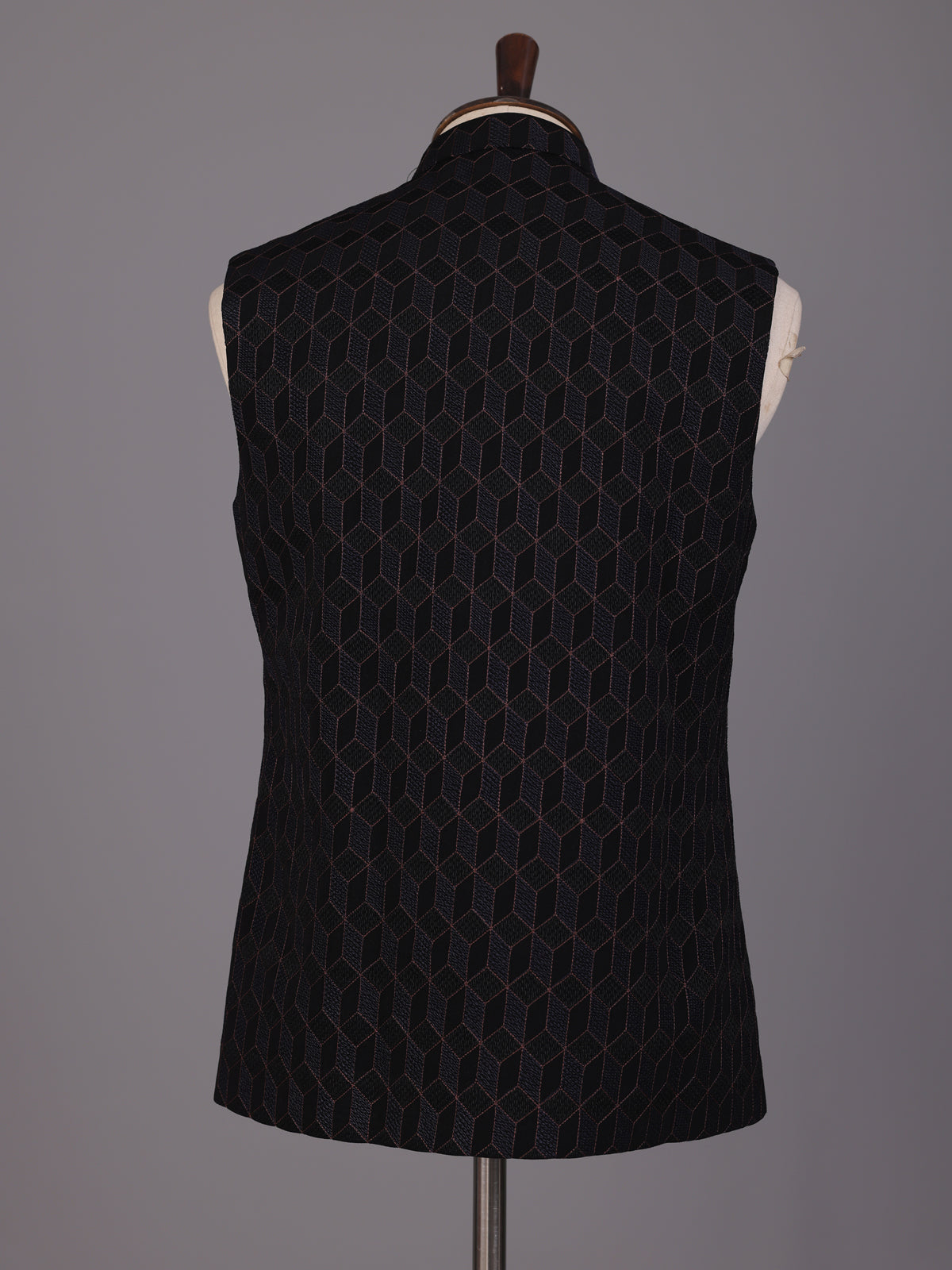 Black jacquard textured waistcoat with tonal metallic buttons for mens