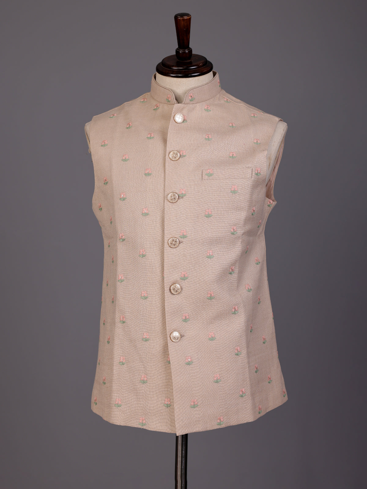 Light peach textured butti waistcoat with metallic buttons for mens