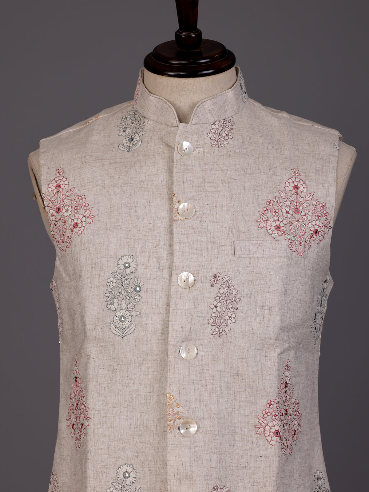 Beige linen-silk aabla sequined waistcoat with glossy buttons for mens