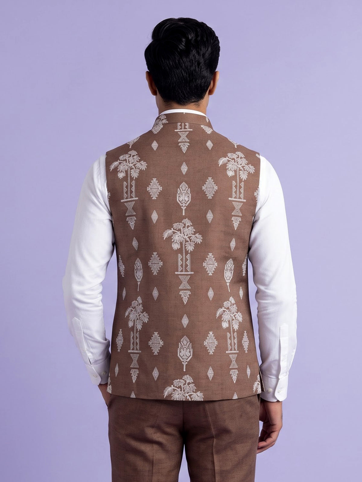 Brown textured sequined waistcoat with glossy statement buttons for mens