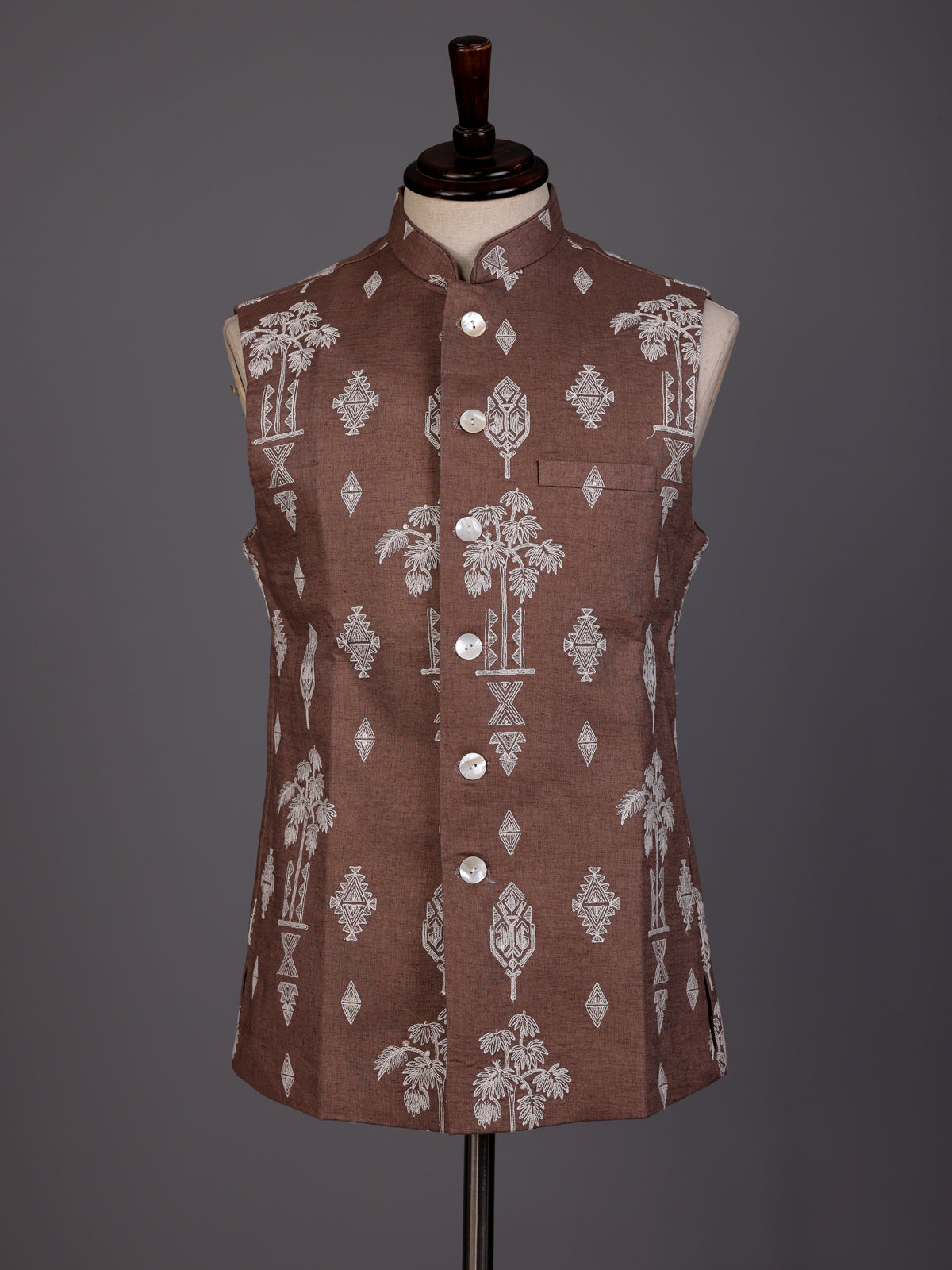 Brown textured sequined waistcoat with glossy statement buttons for mens