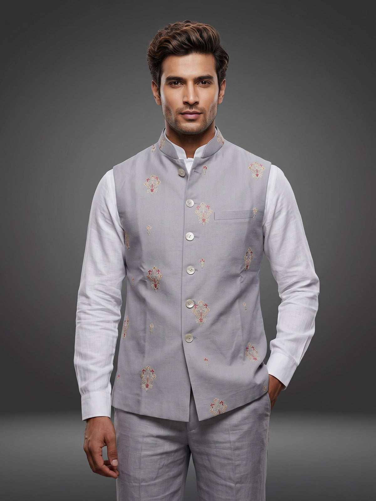 Light grey textured butta waistcoat with mother-of-pearl buttons