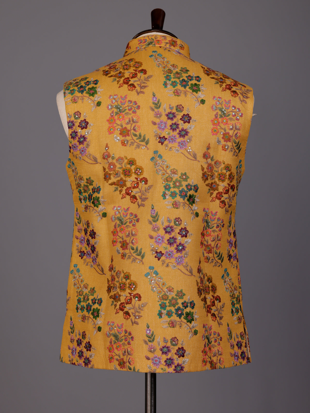 Mustard yellow floral sequined waistcoat for mens festive occasions