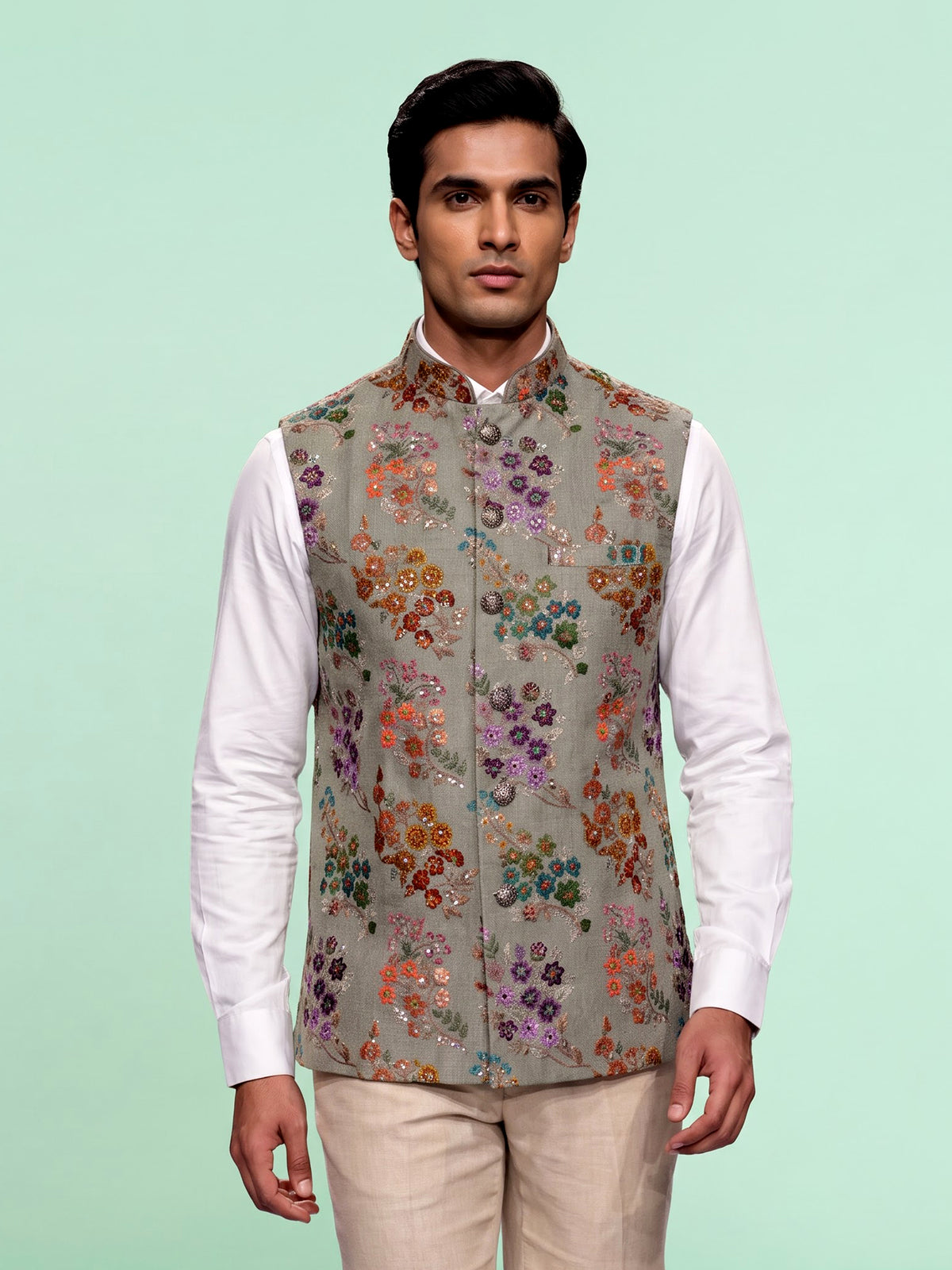 Dusty pista green floral sequined waistcoat for mens weddings