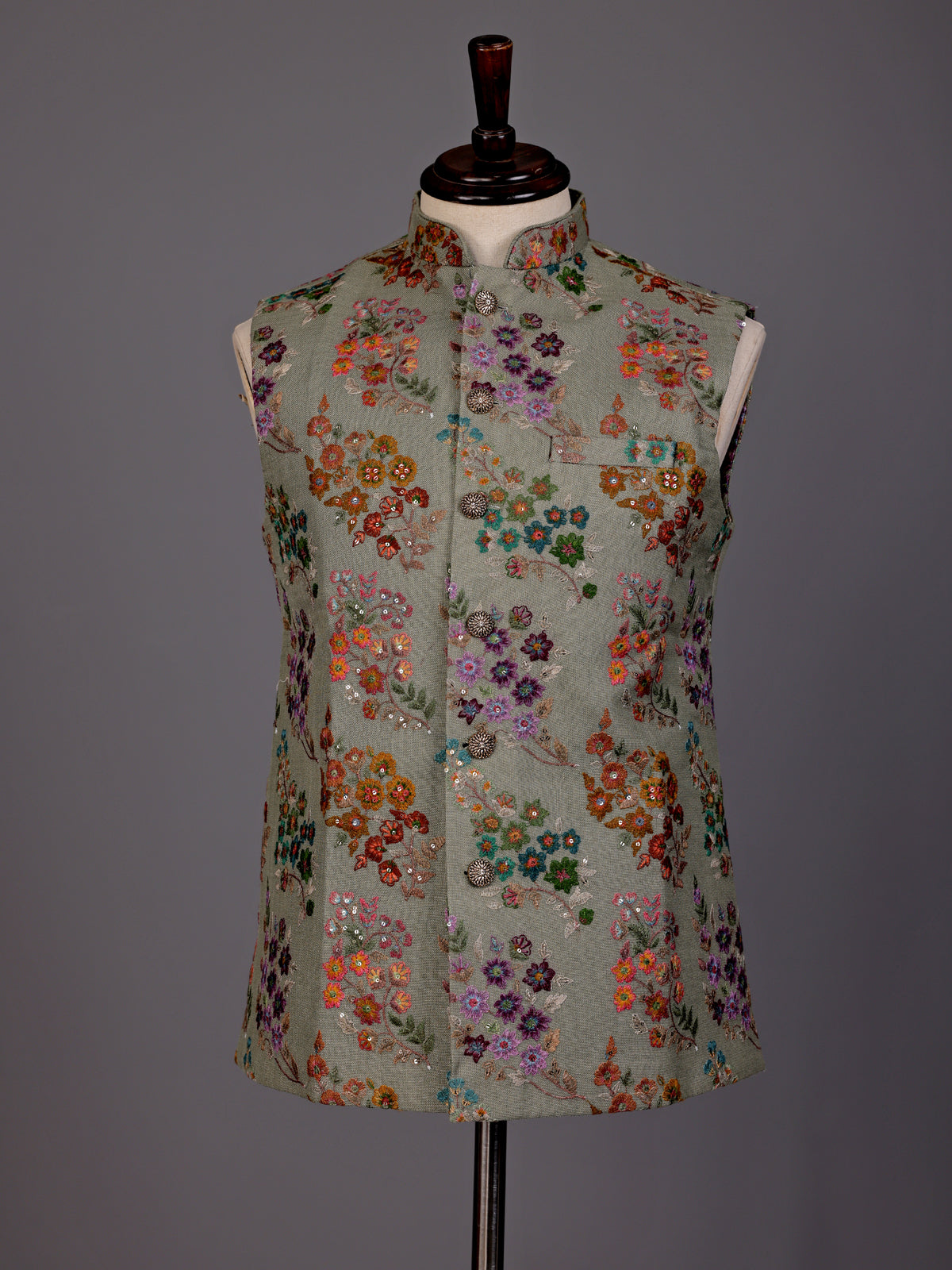 Dusty pista green floral sequined waistcoat for mens weddings