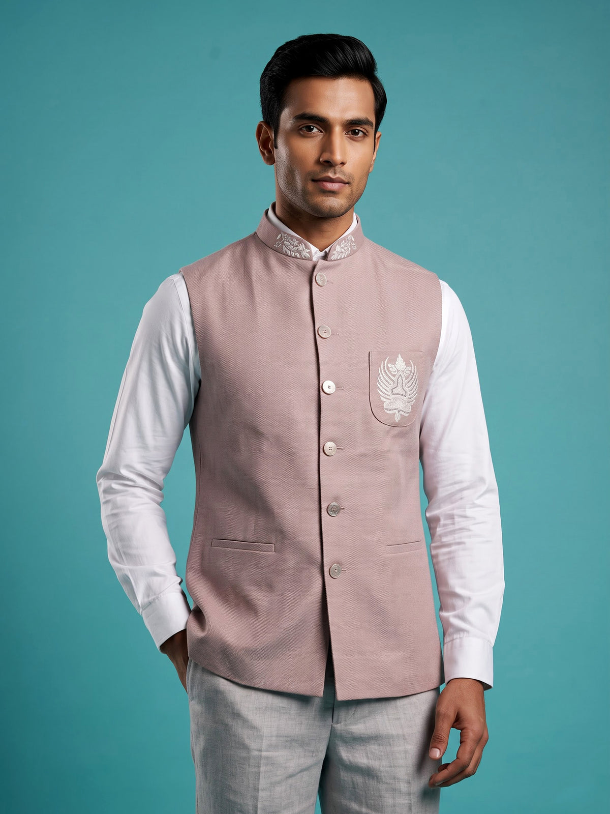 Light pink crest waistcoat with thread beadwork for mens celebrations