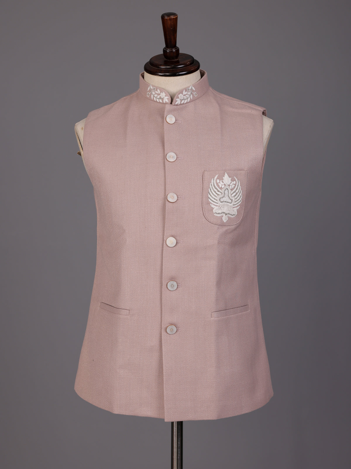 Light pink crest waistcoat with thread beadwork for mens celebrations