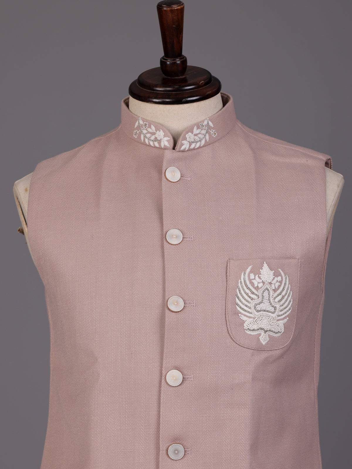 Light pink crest waistcoat with thread beadwork for mens celebrations