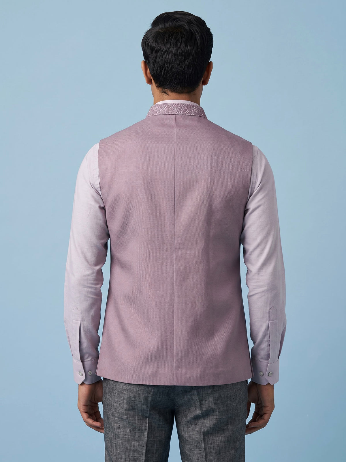 Lilac purple embroidered waistcoat with detailed collar and pocket trim