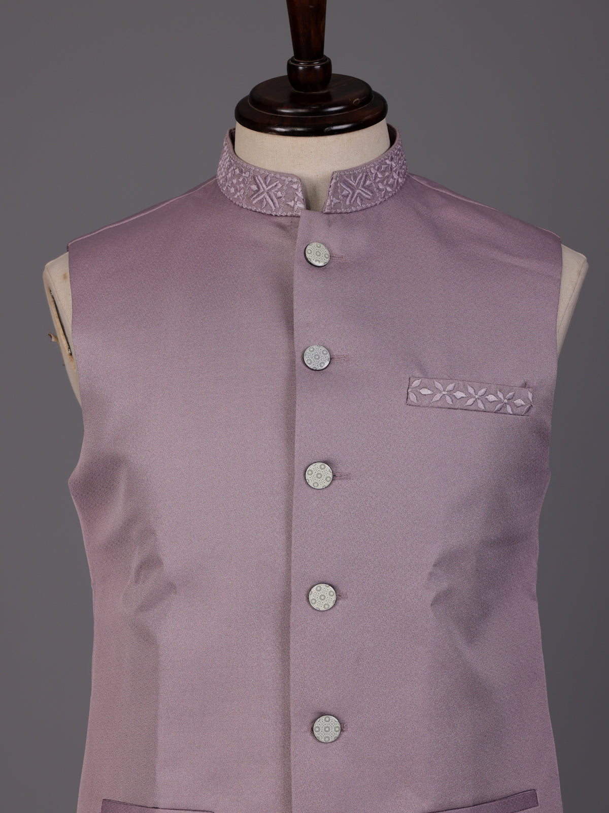 Lilac purple embroidered waistcoat with detailed collar and pocket trim