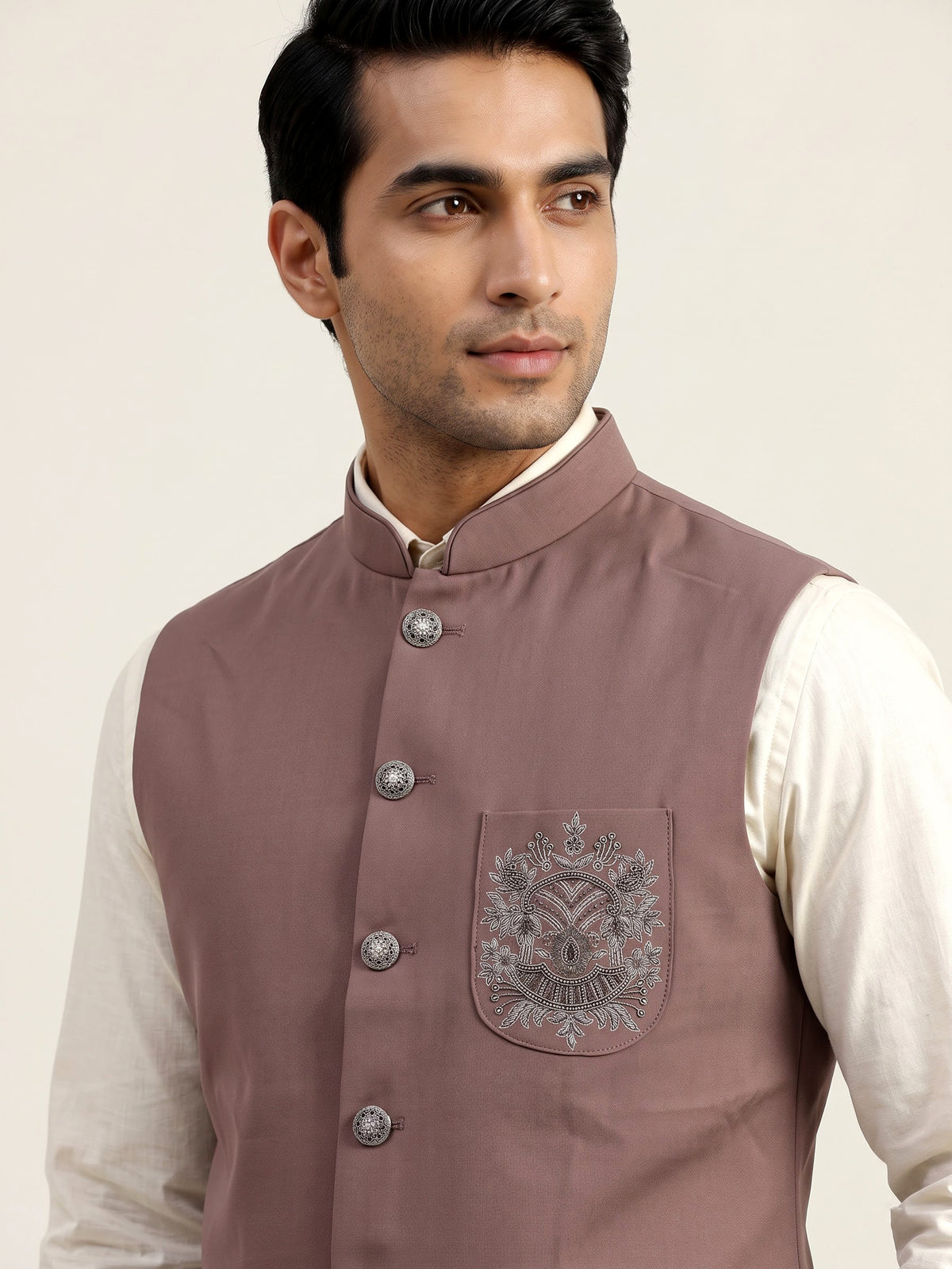 Dusty mauve pink zardosi waistcoat with metallic chest artwork