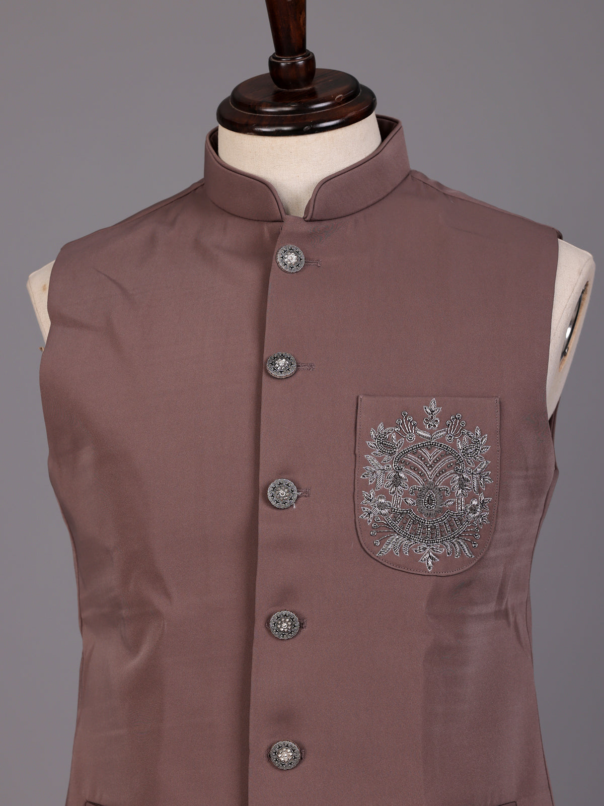 Dusty mauve pink zardosi waistcoat with metallic chest artwork