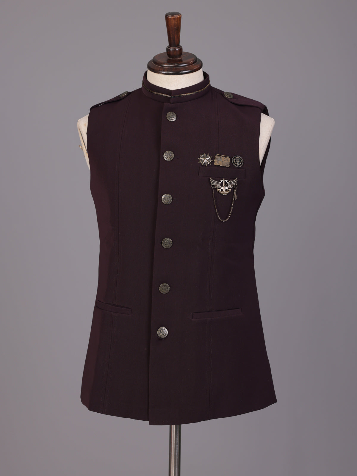 Wine premium waistcoat with crest pins and chain brooch for mens