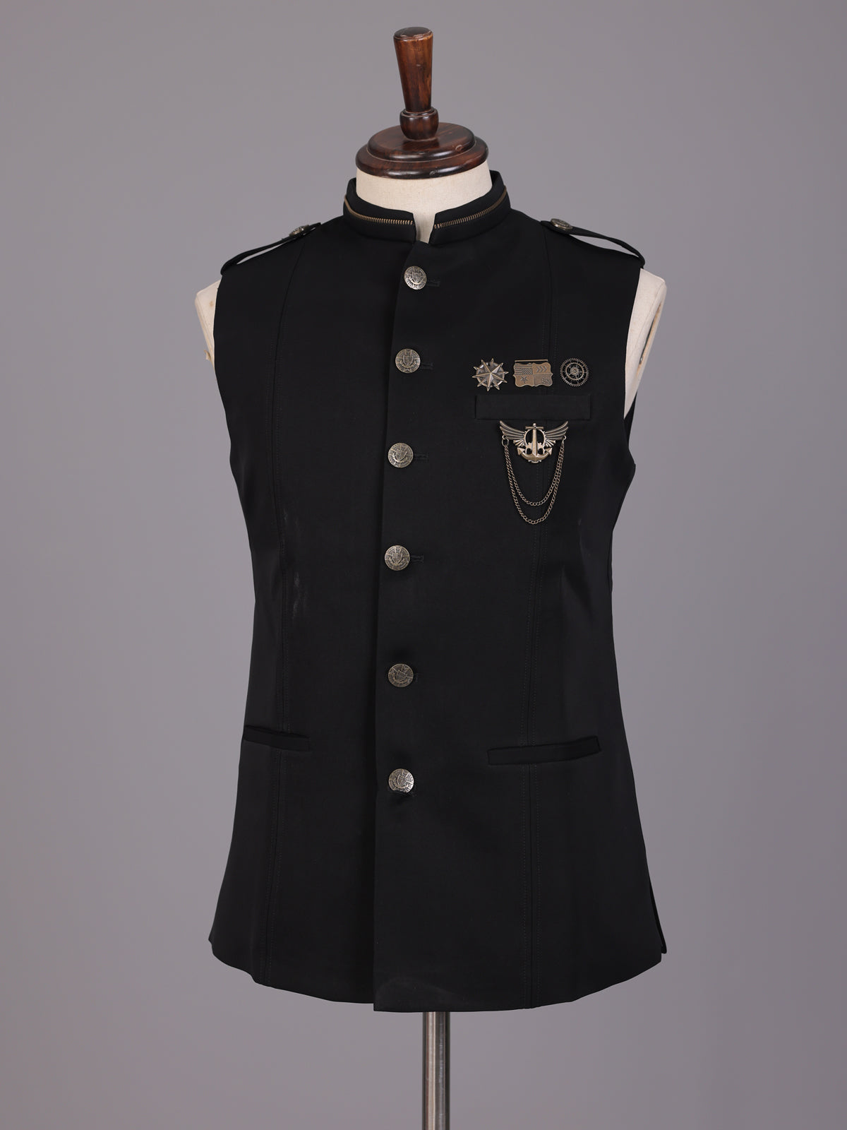 Black premium waistcoat with metallic crest chain brooch for mens