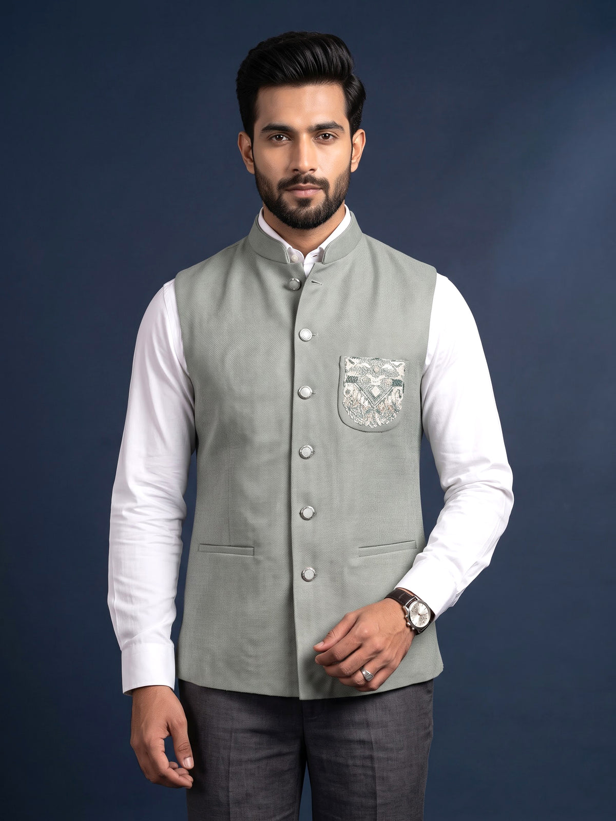 Sage green zardosi waistcoat with mother-of-pearl buttons for mens