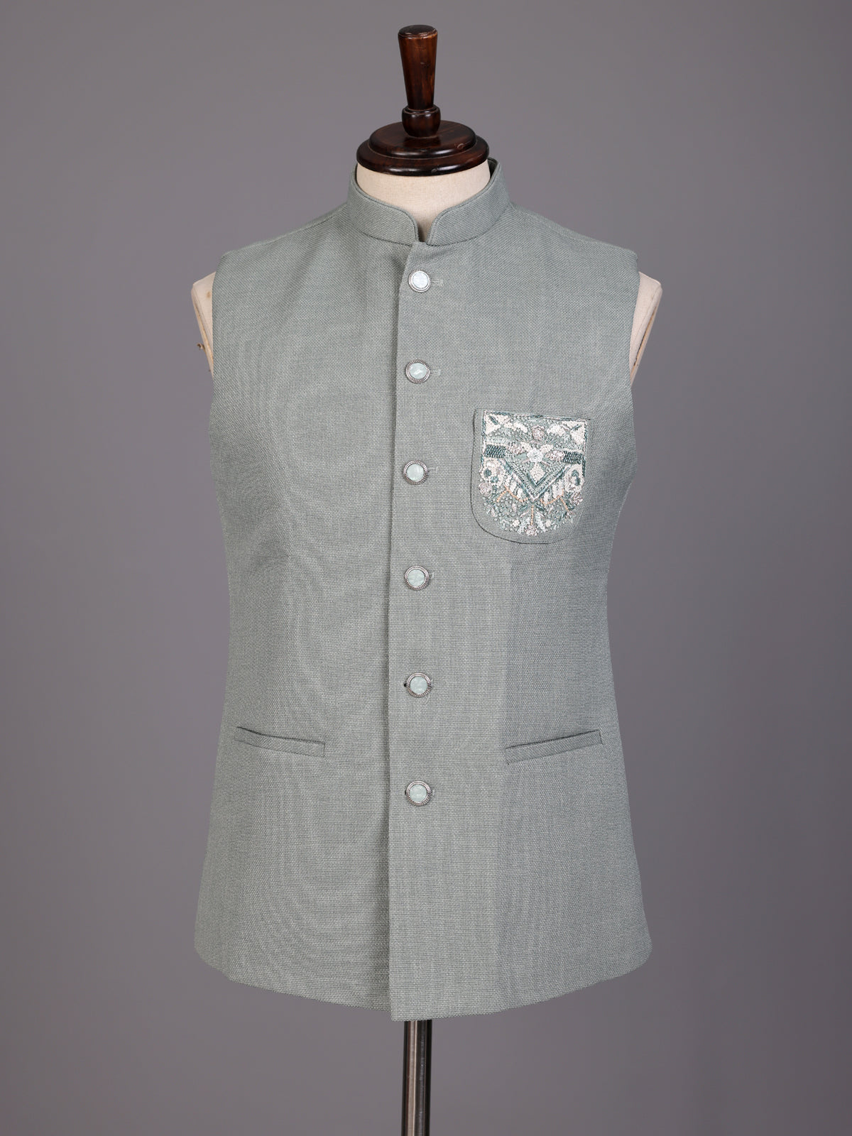 Sage green zardosi waistcoat with mother-of-pearl buttons for mens