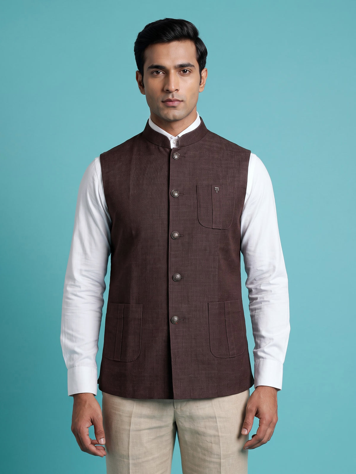 Brown textured waistcoat with metallic rimmed buttons for mens occasions