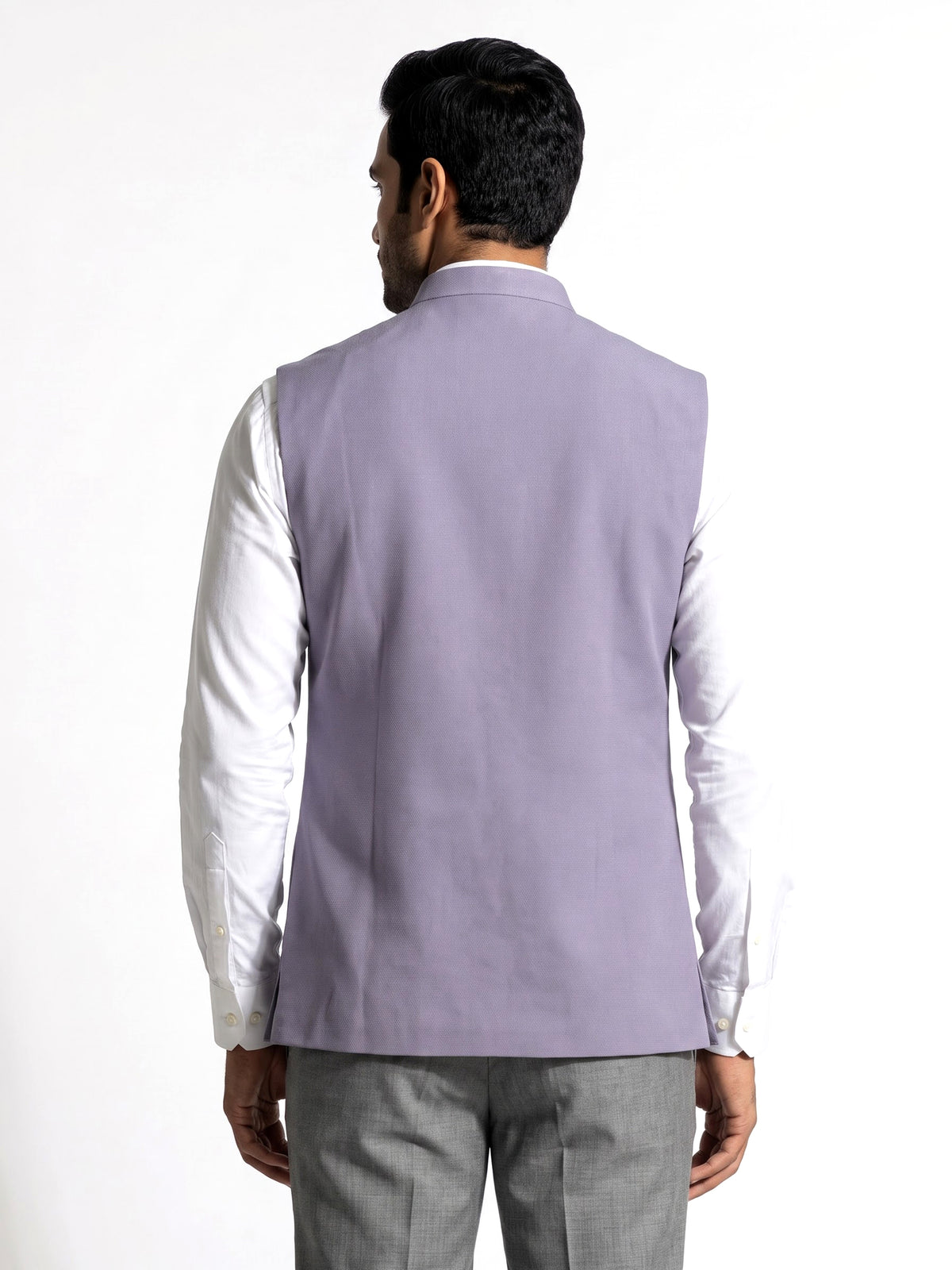 Lilac purple embellished collar waistcoat with metallic buttons for mens