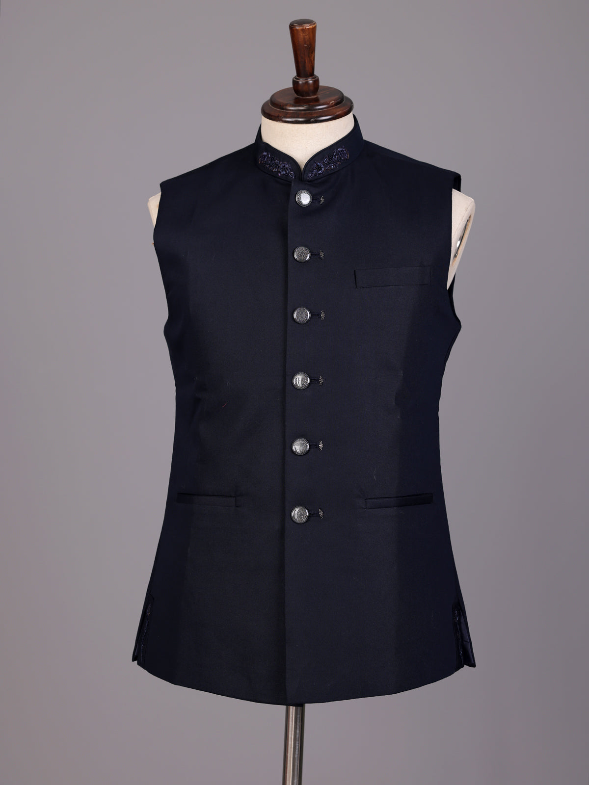 Navy blue embroidered collar waistcoat with zardosi detailing for mens