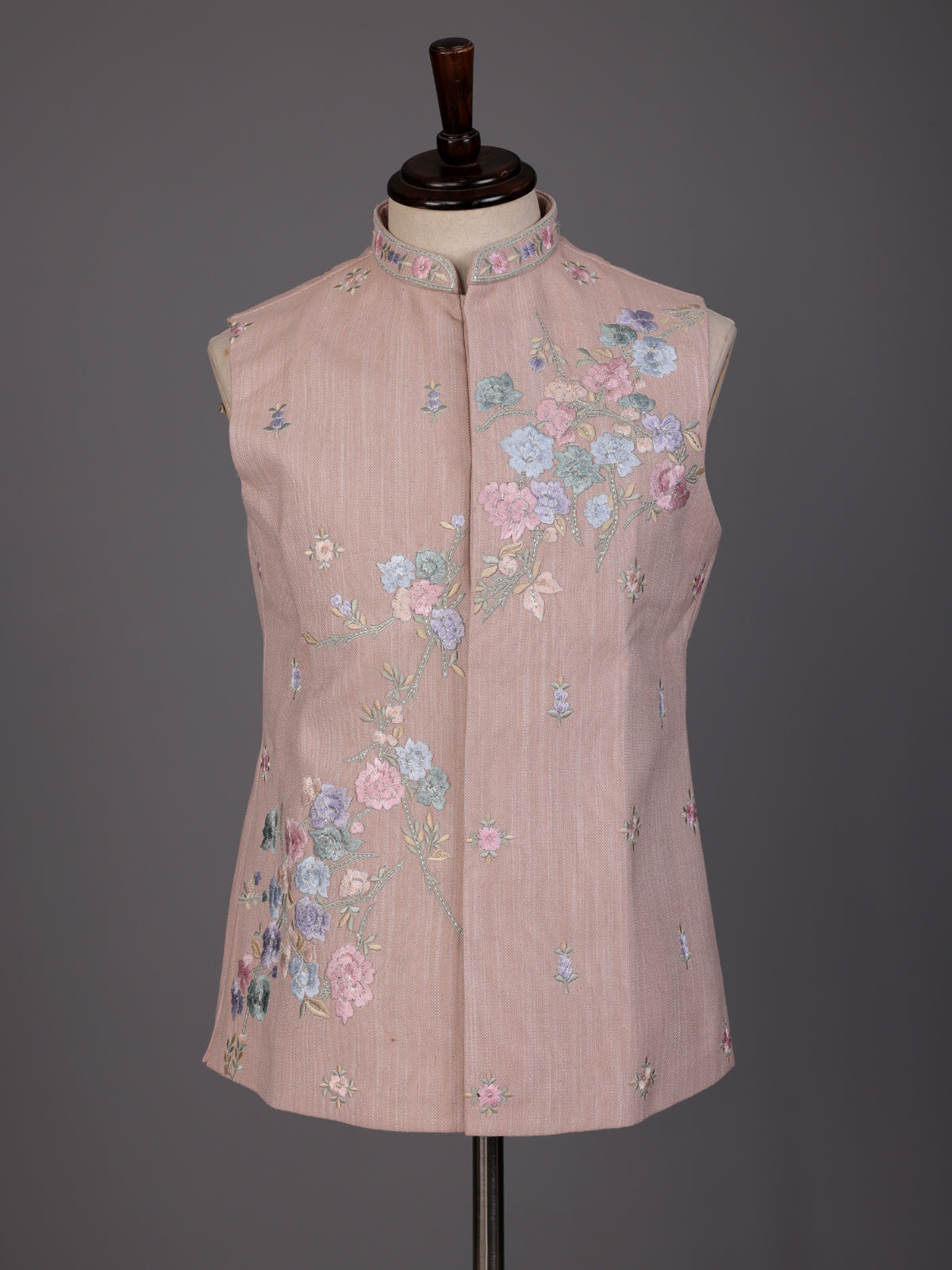 Light peach silk-linen waistcoat with contrast floral embroidery for mens