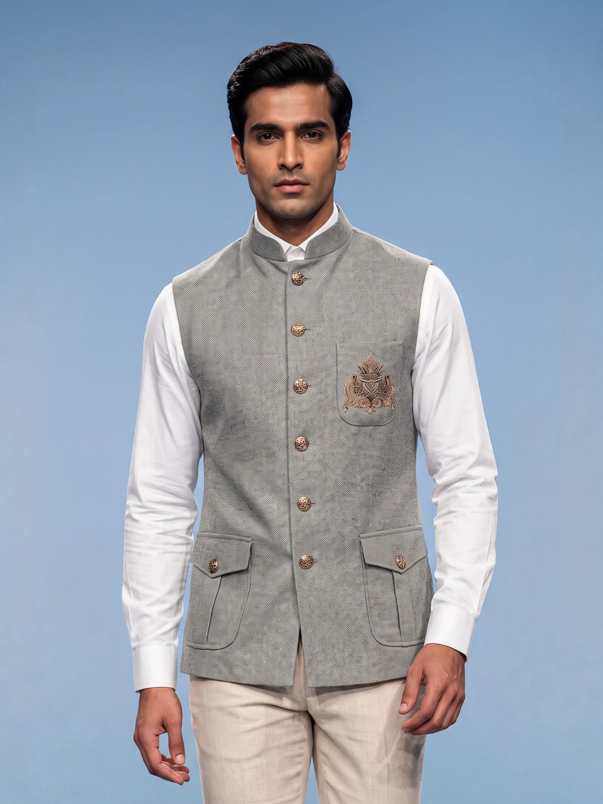Grey textured safari waistcoat with zardosi embellished chest pocket