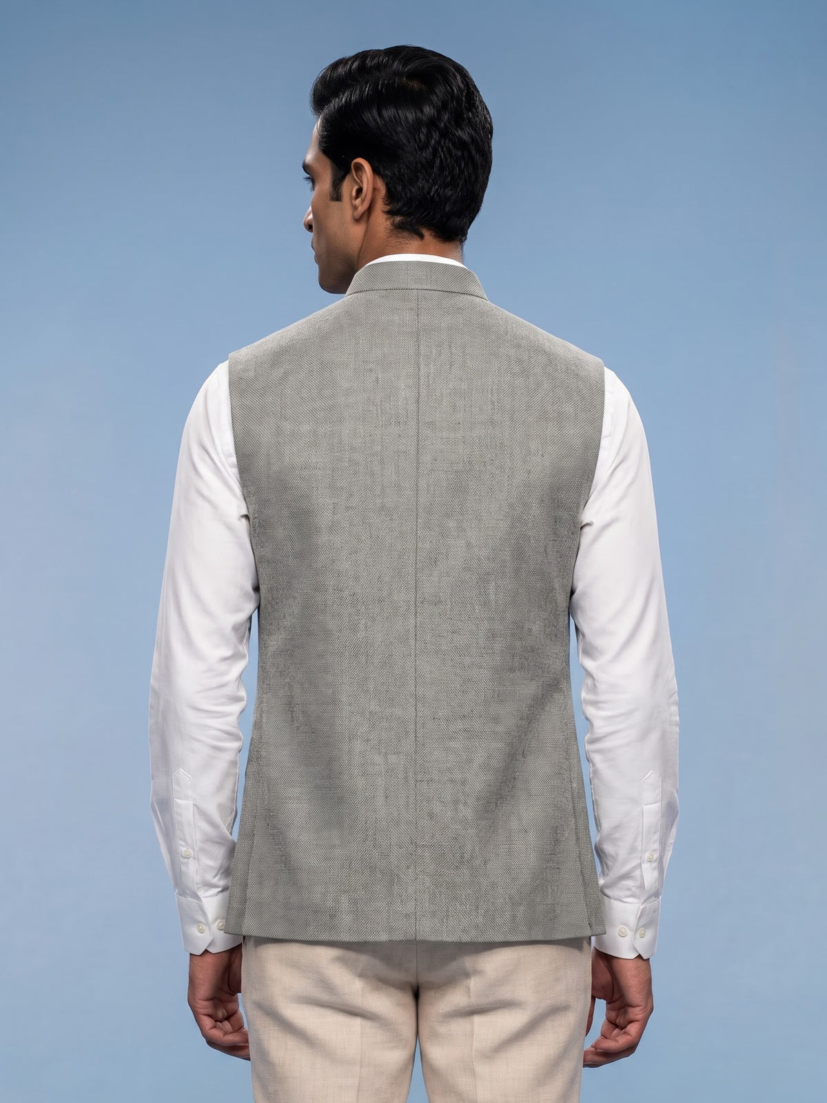 Grey textured safari waistcoat with zardosi embellished chest pocket