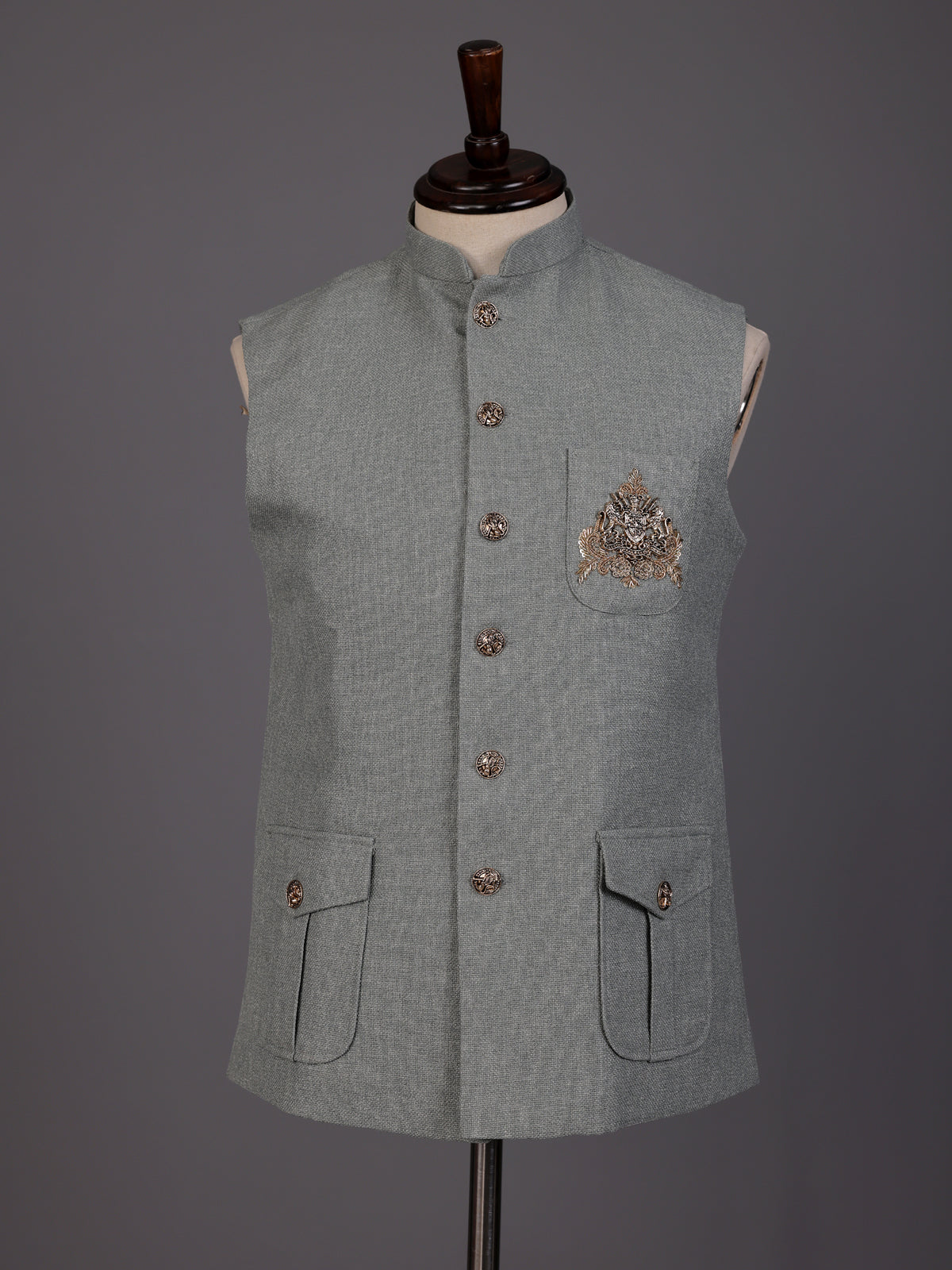 Grey textured safari waistcoat with zardosi embellished chest pocket