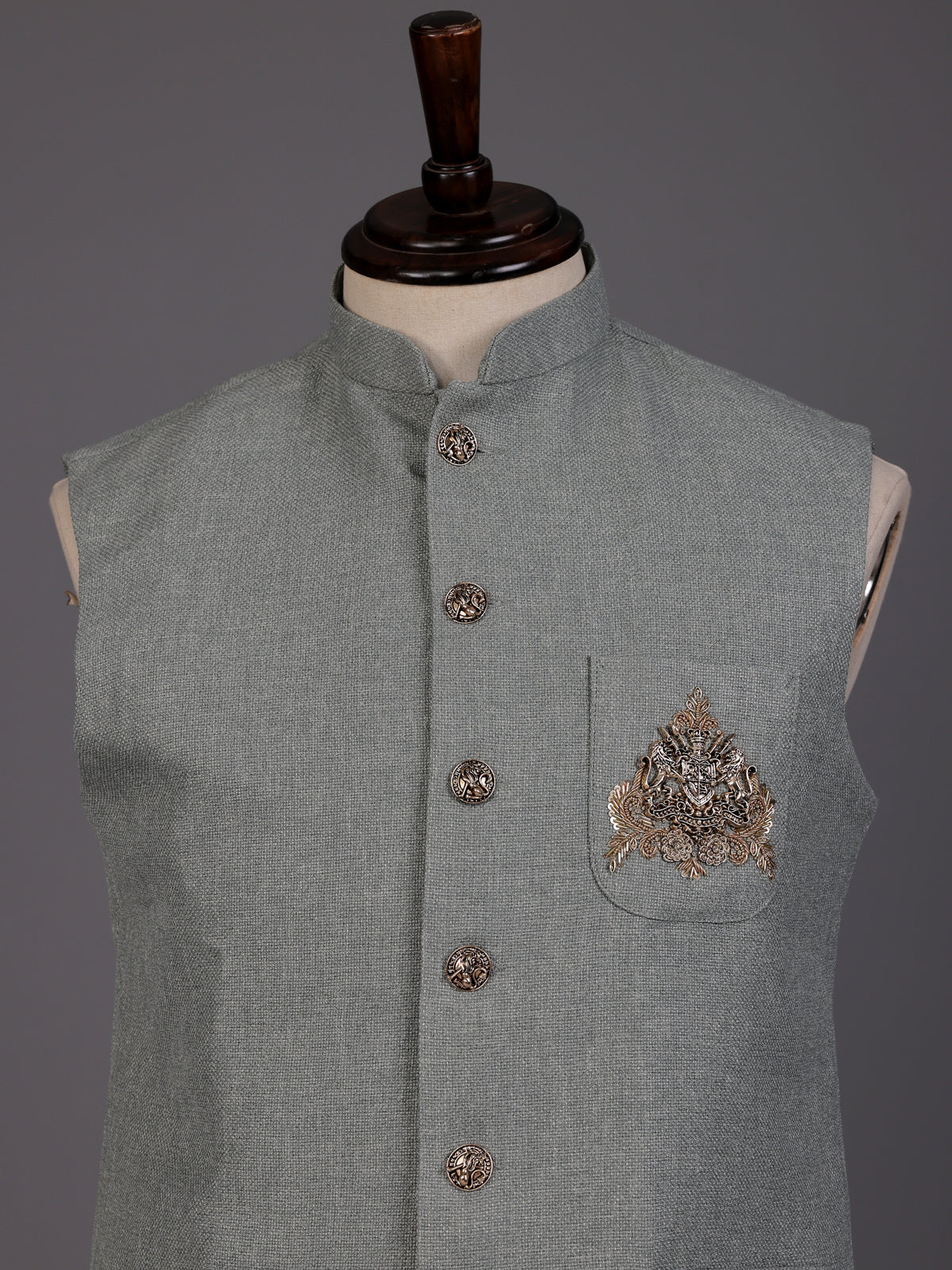 Grey textured safari waistcoat with zardosi embellished chest pocket