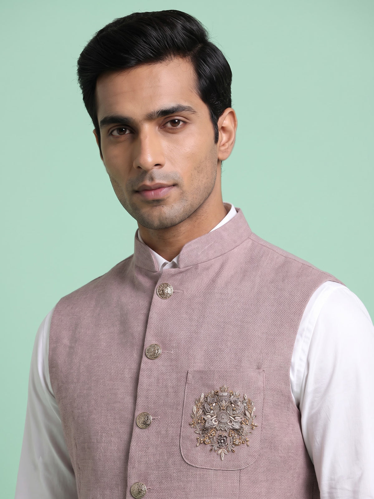 Onion pink zardosi safari waistcoat with embellished chest pocket
