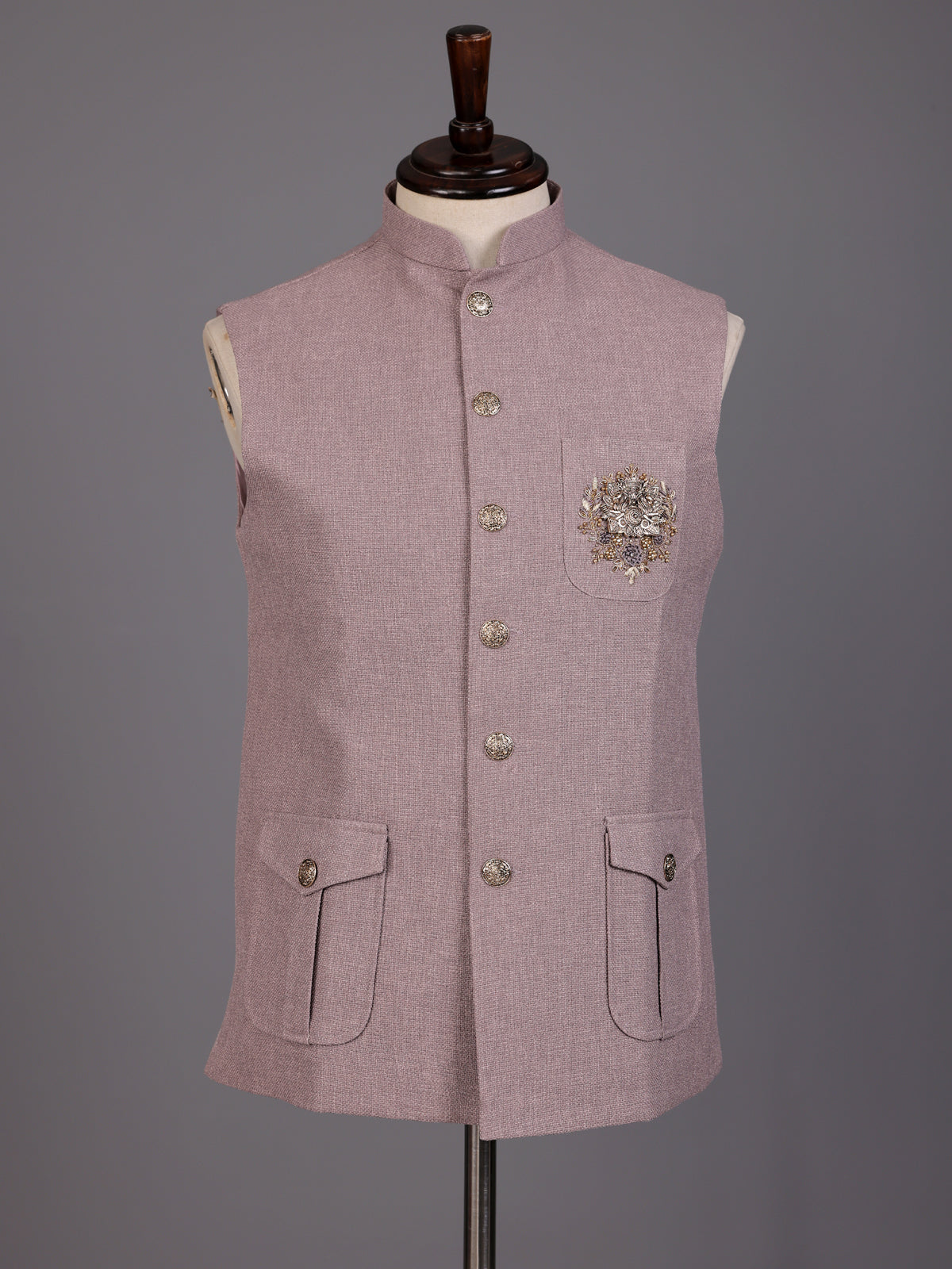 Onion pink zardosi safari waistcoat with embellished chest pocket