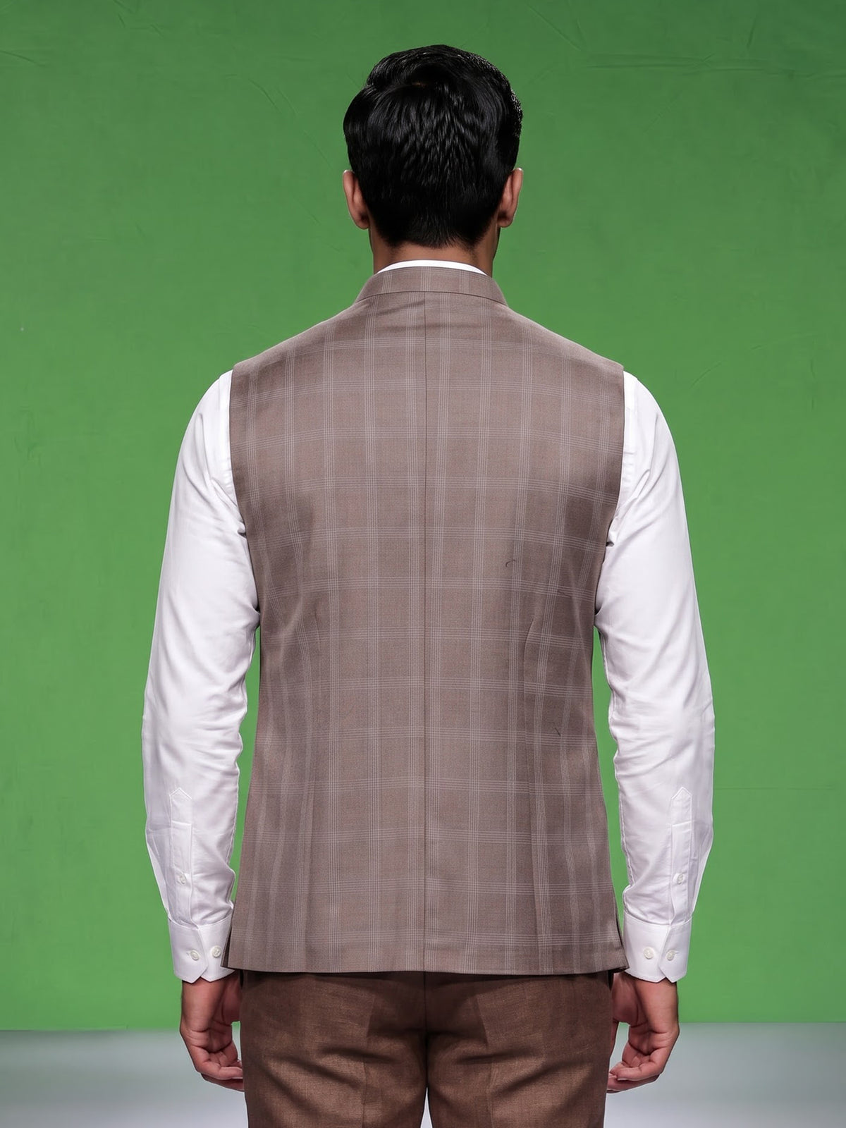 Beige windowpane textured waistcoat with satin pocket square for mens