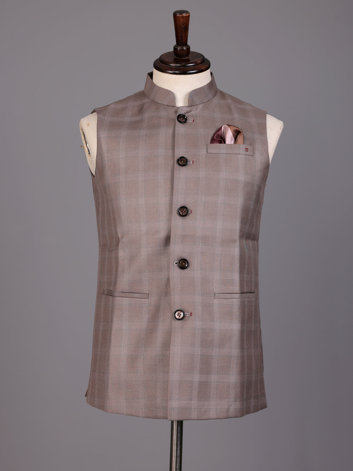 Beige windowpane textured waistcoat with satin pocket square for mens