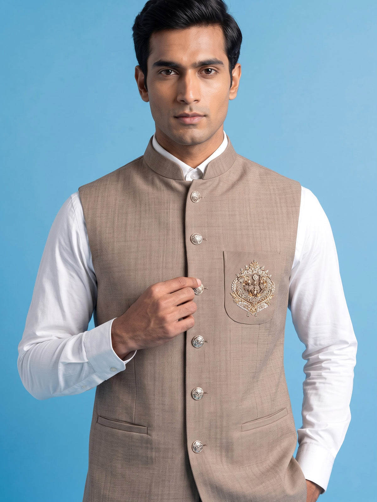 Dark beige textured waistcoat with zardosi safari pocket detailing