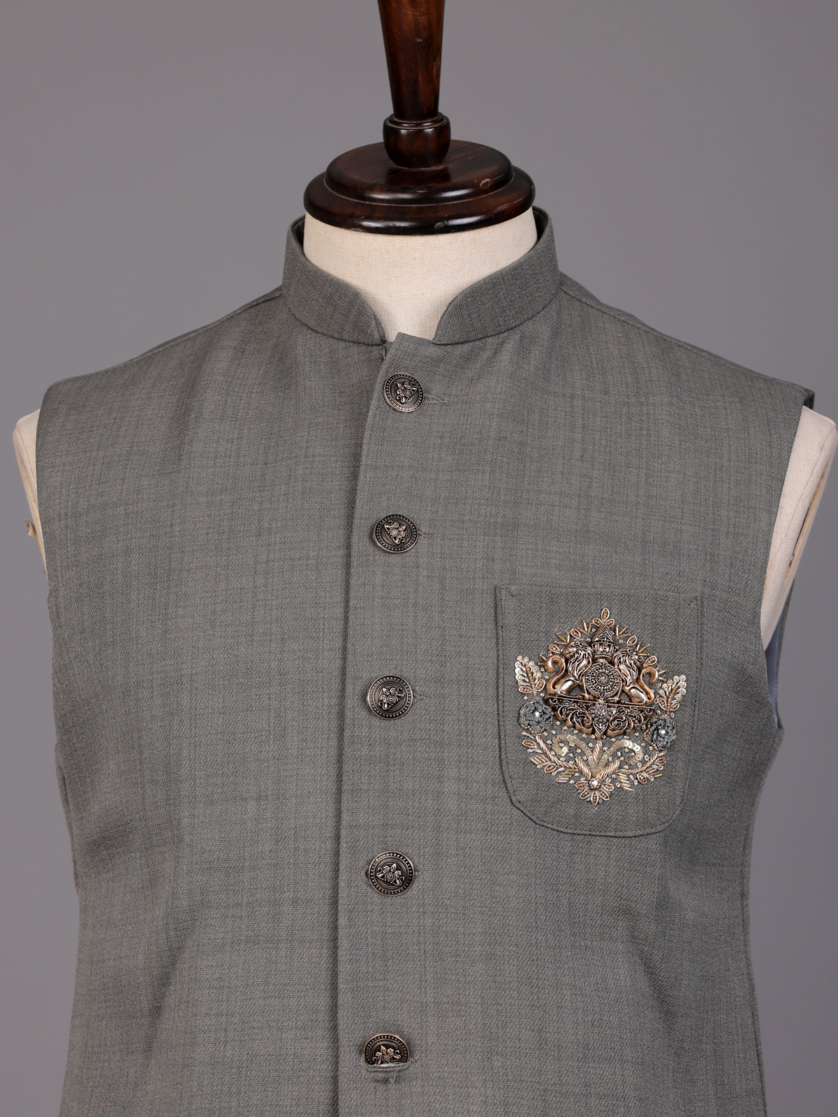 Grey textured zardosi waistcoat with safari pocket detailing for mens