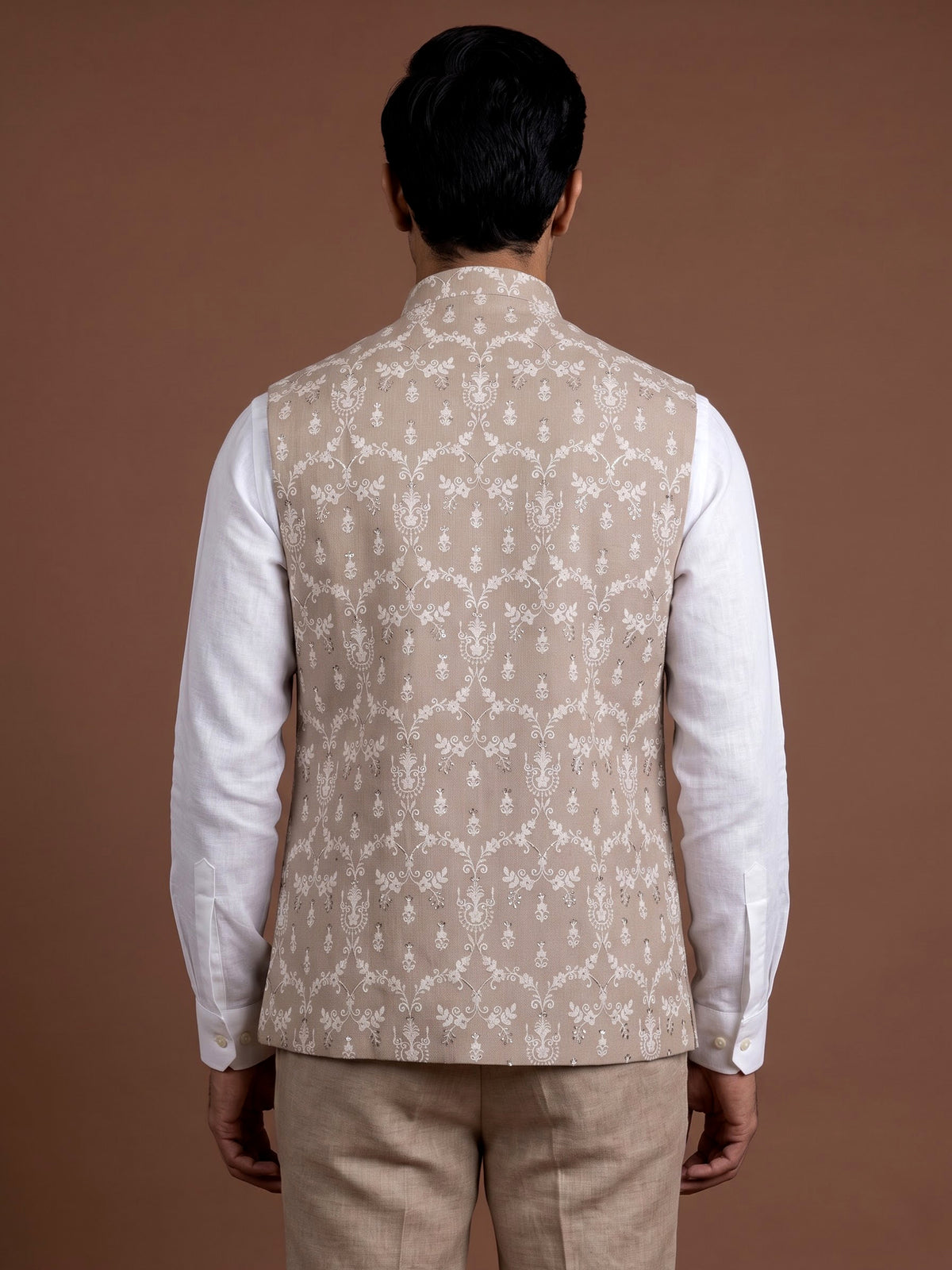 Beige embroidered waistcoat with textured tonal buttons for mens weddings