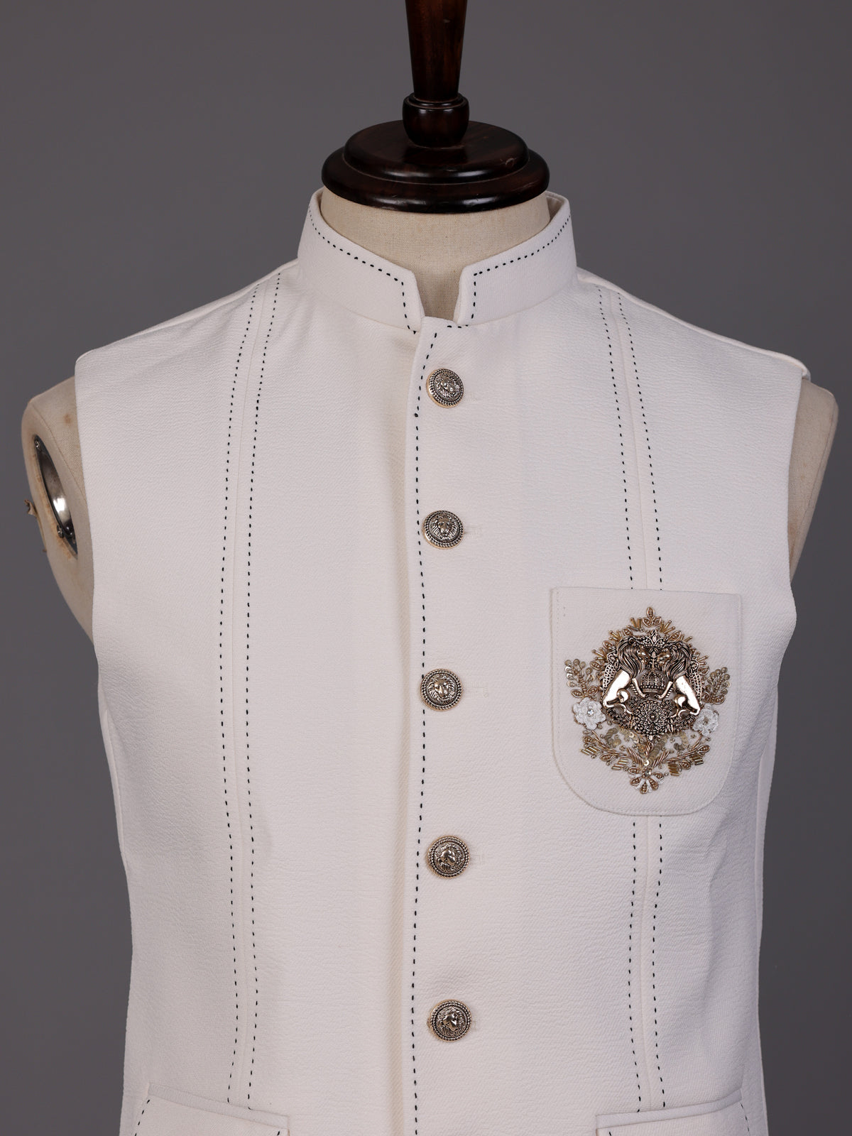 White pearl embellished waistcoat with antique gold buttons for mens