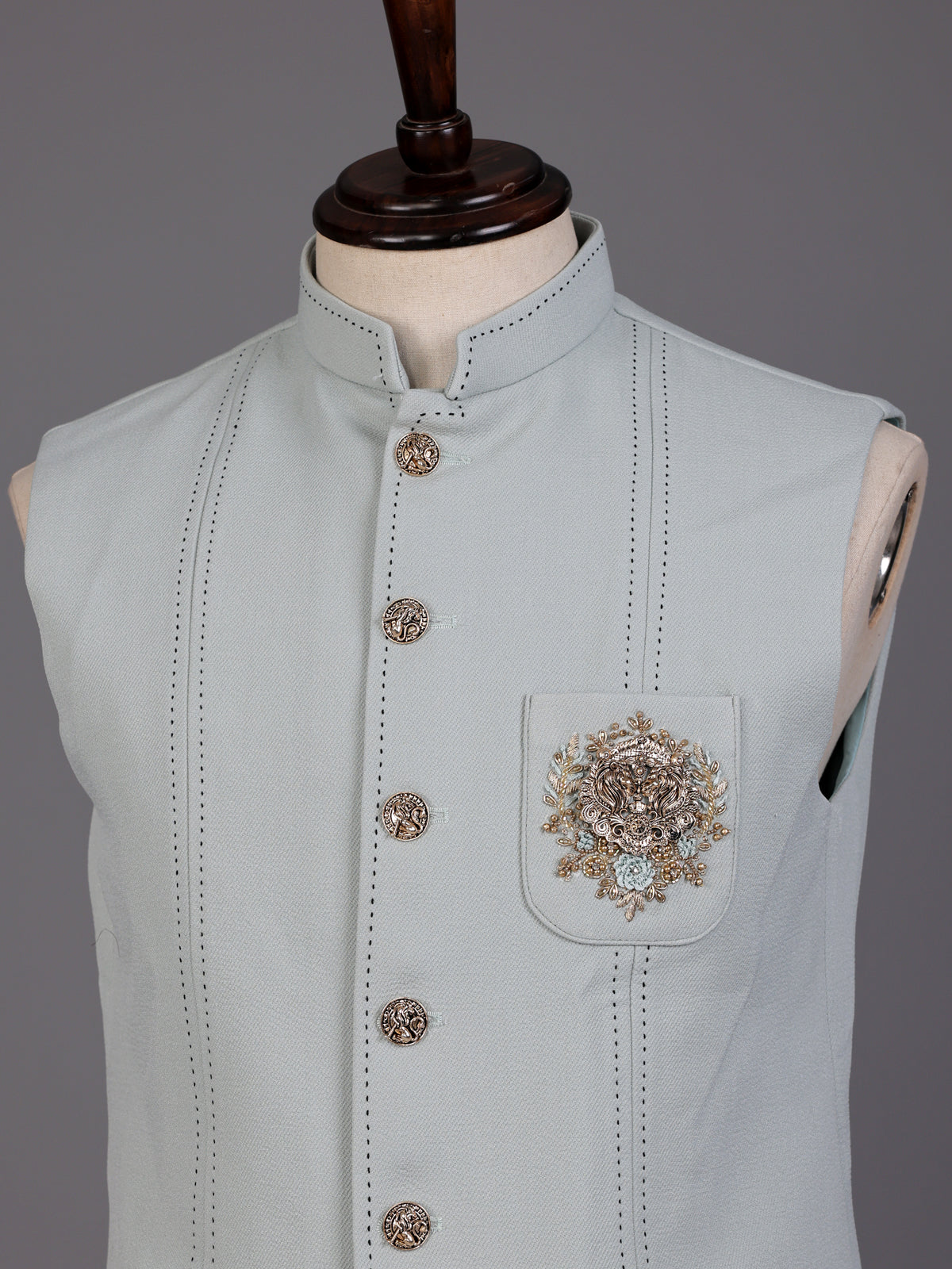 Light grey pearl embellished waistcoat with antique metallic buttons