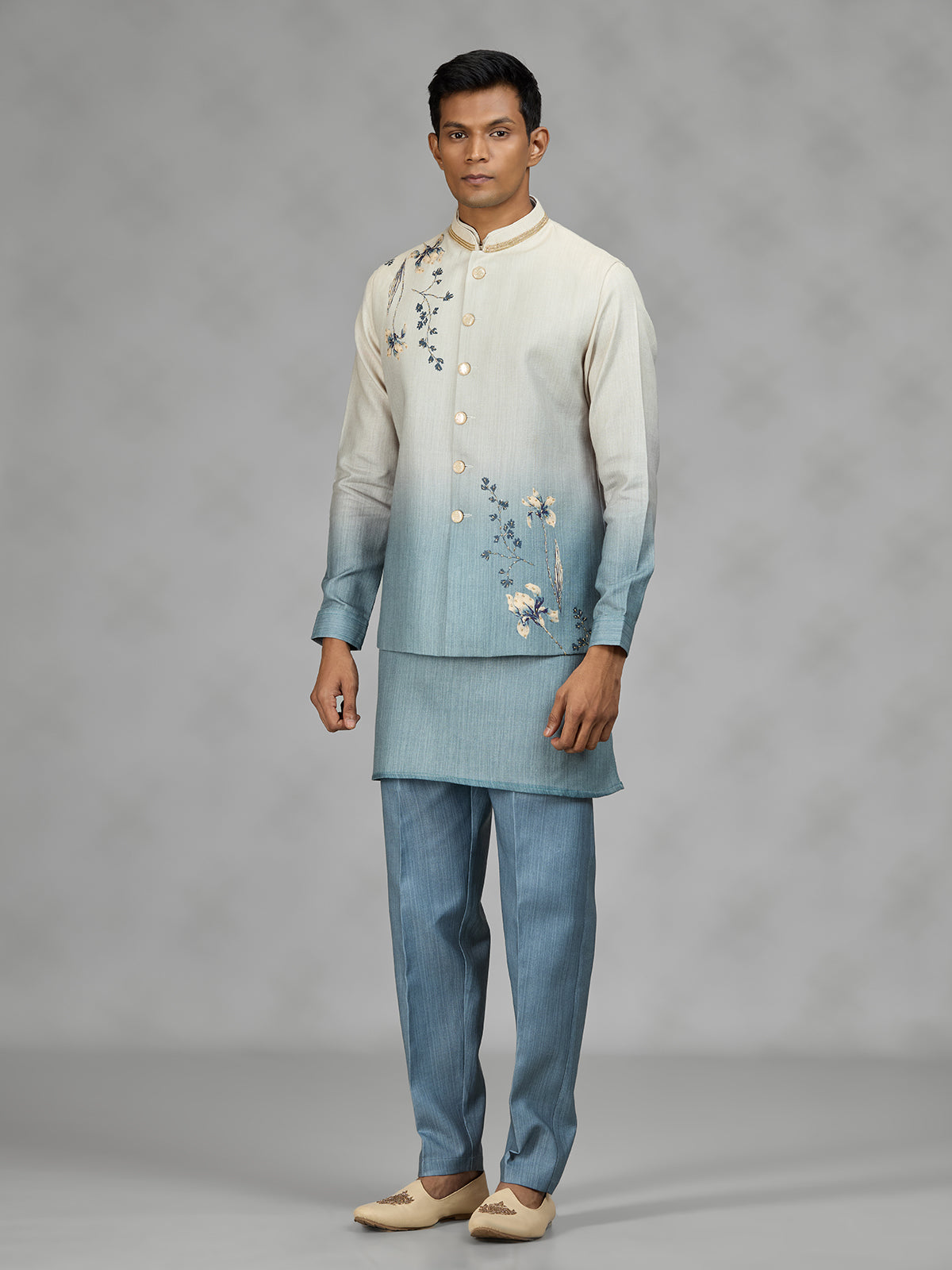 Powder blue floral mens waistcoat set