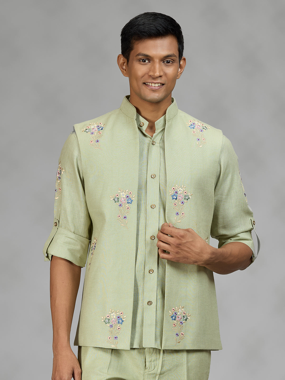 Pista green floral mens waistcoat set