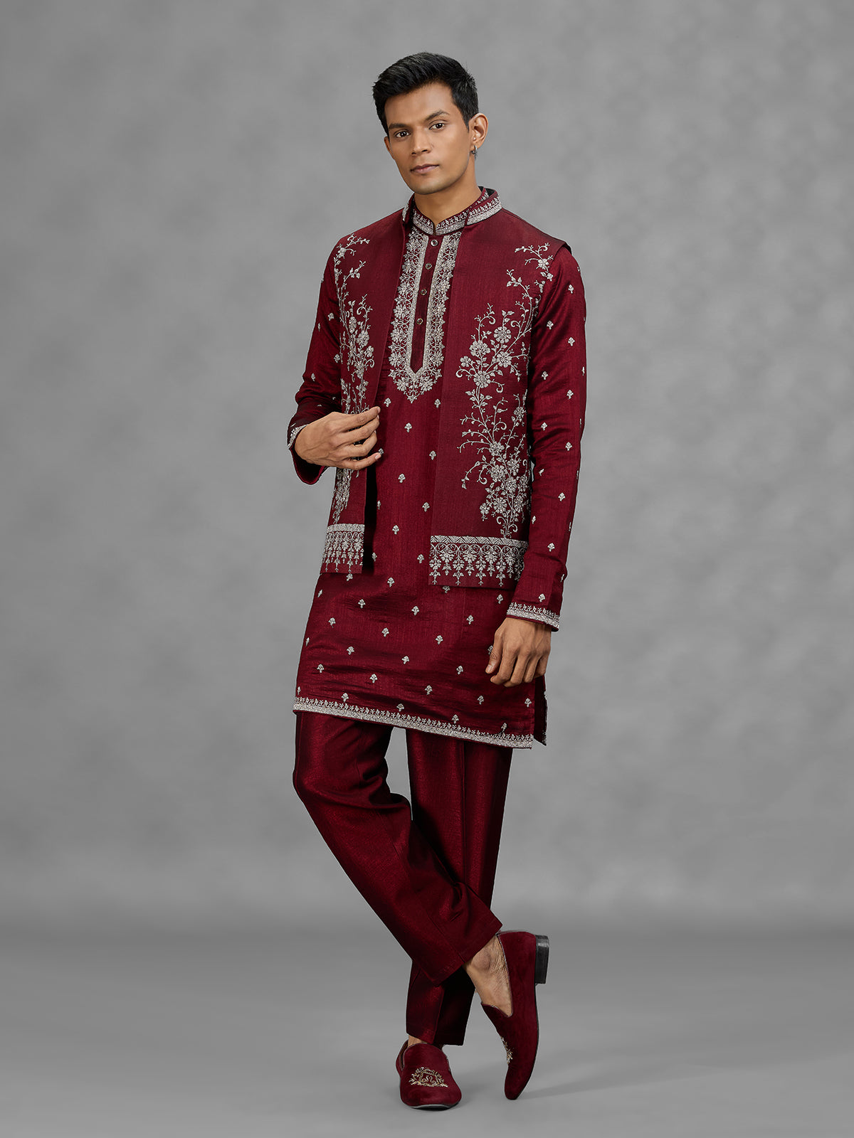 Maroon floral mens waistcoat set