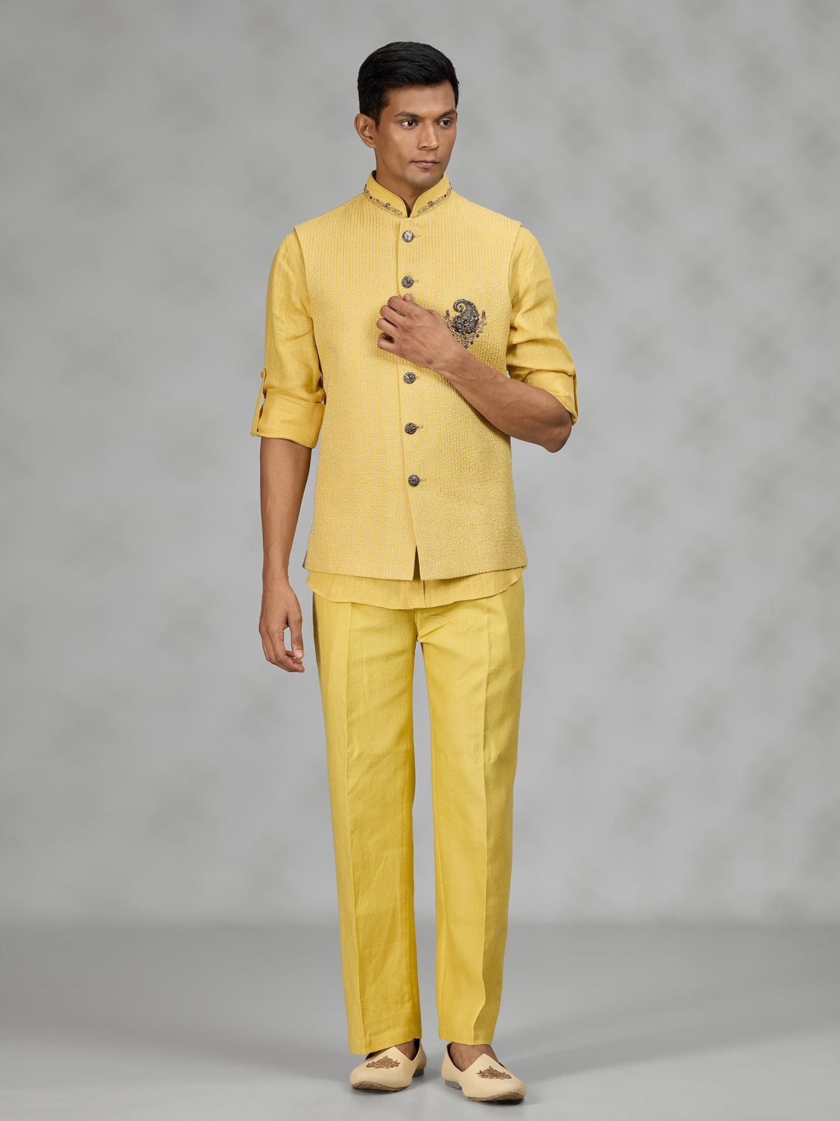 Yellow royal medallion mens waistcoat set