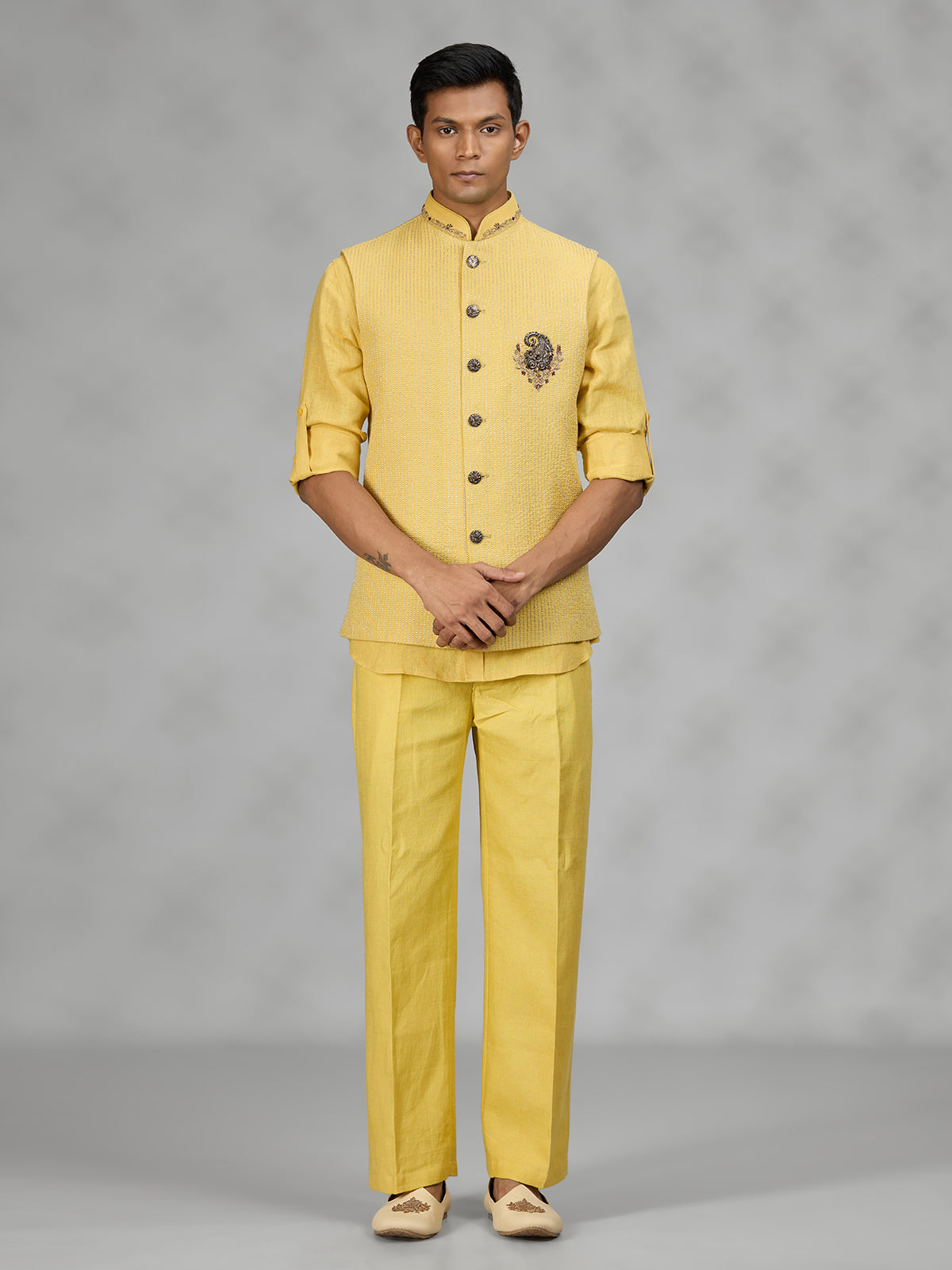 Yellow royal medallion mens waistcoat set