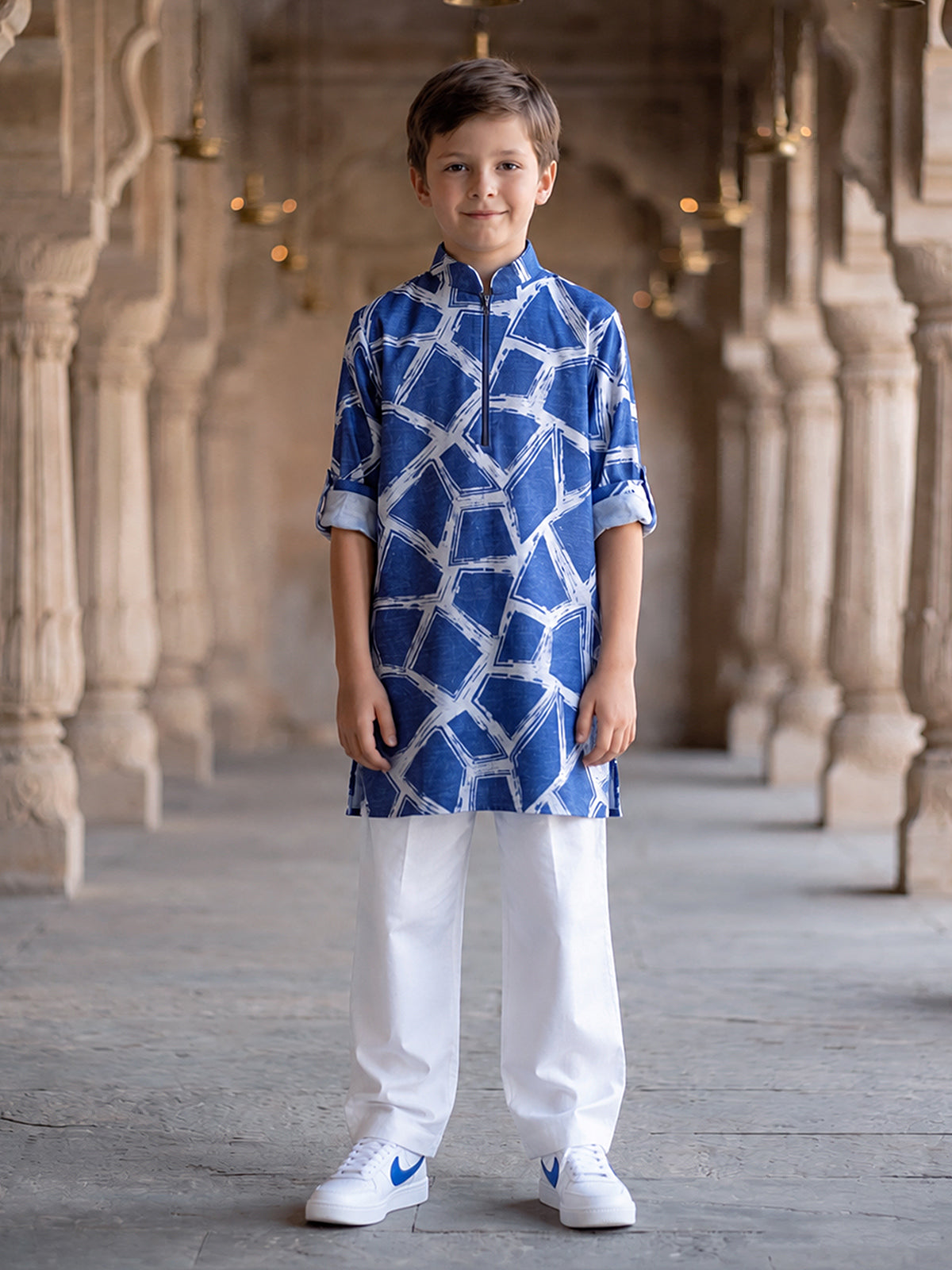 Blue geometric printed boys kurta suit