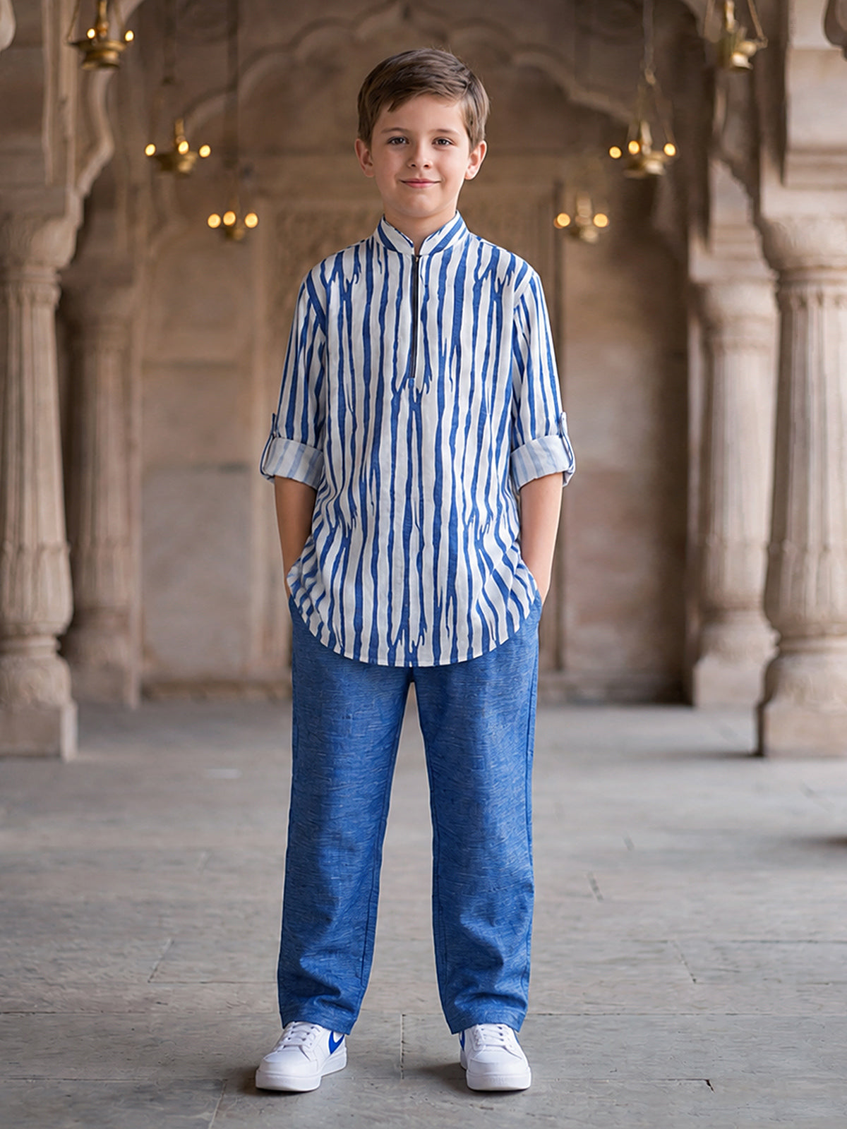 Blue white printed boys kurta suit