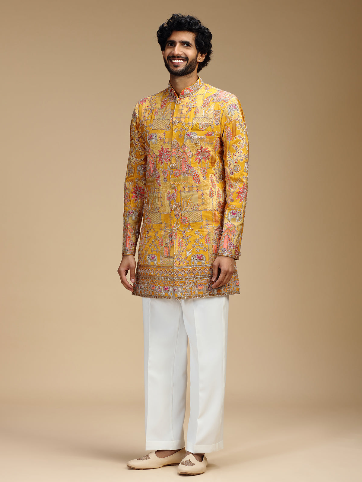 Yellow art silk mens indo western with print