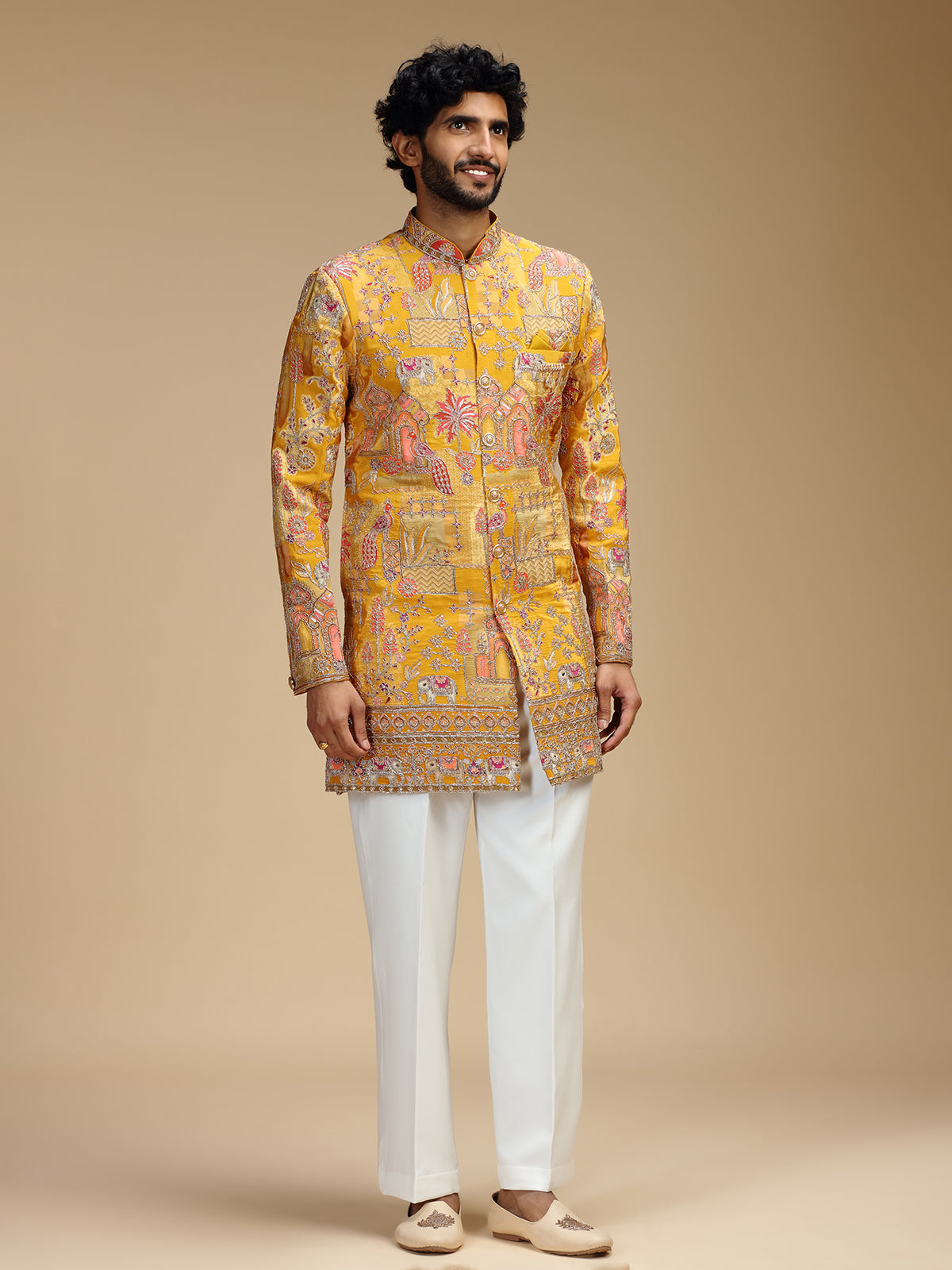 Yellow art silk mens indo western with print