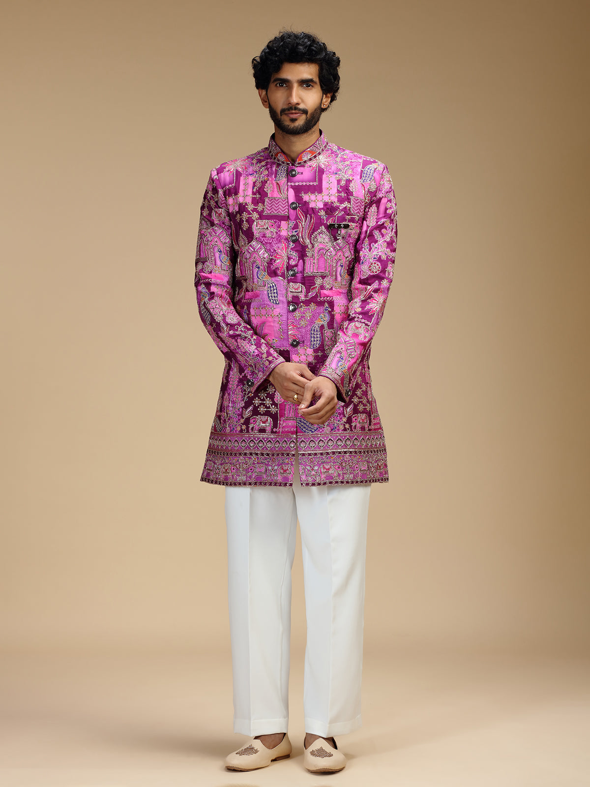 Purple art silk mens indo western with print
